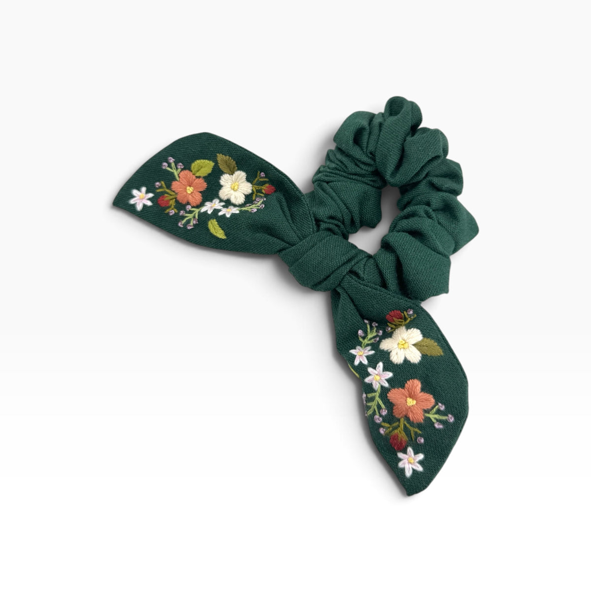 Emerald Bloom Hand-Embroidered Bow Scrunchies