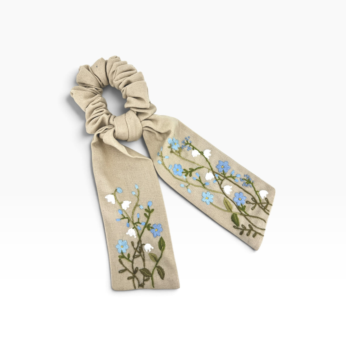 Bluebell Meadow Beige Embroidered Bow Scrunchies