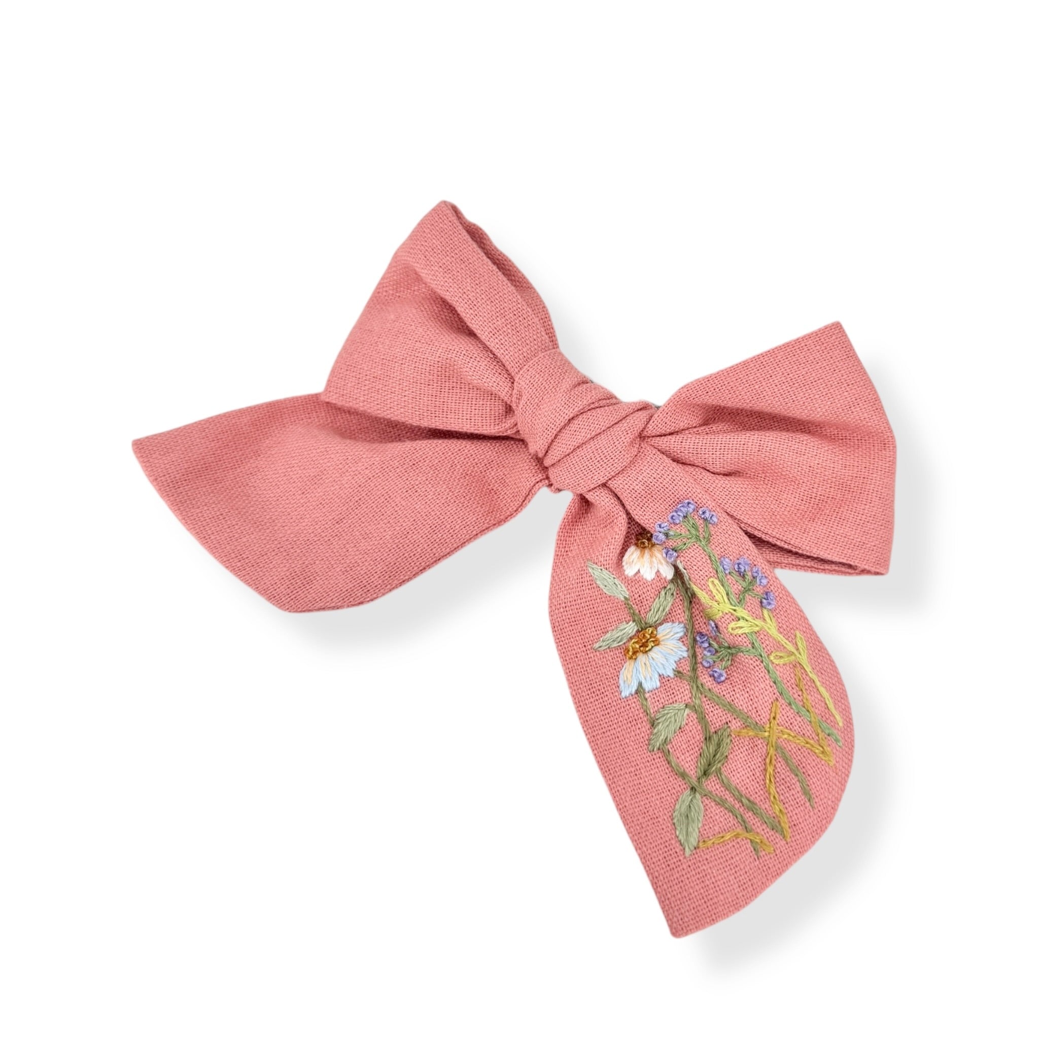 Rose Pink Hand Embroidered Hairbow