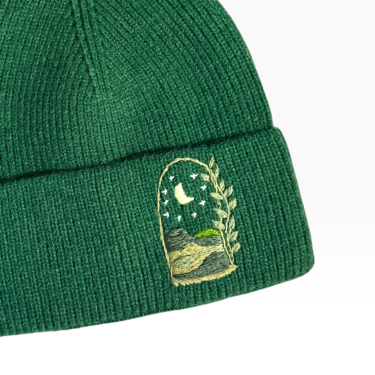 Moonlit Hills Embroidered Green Beanie