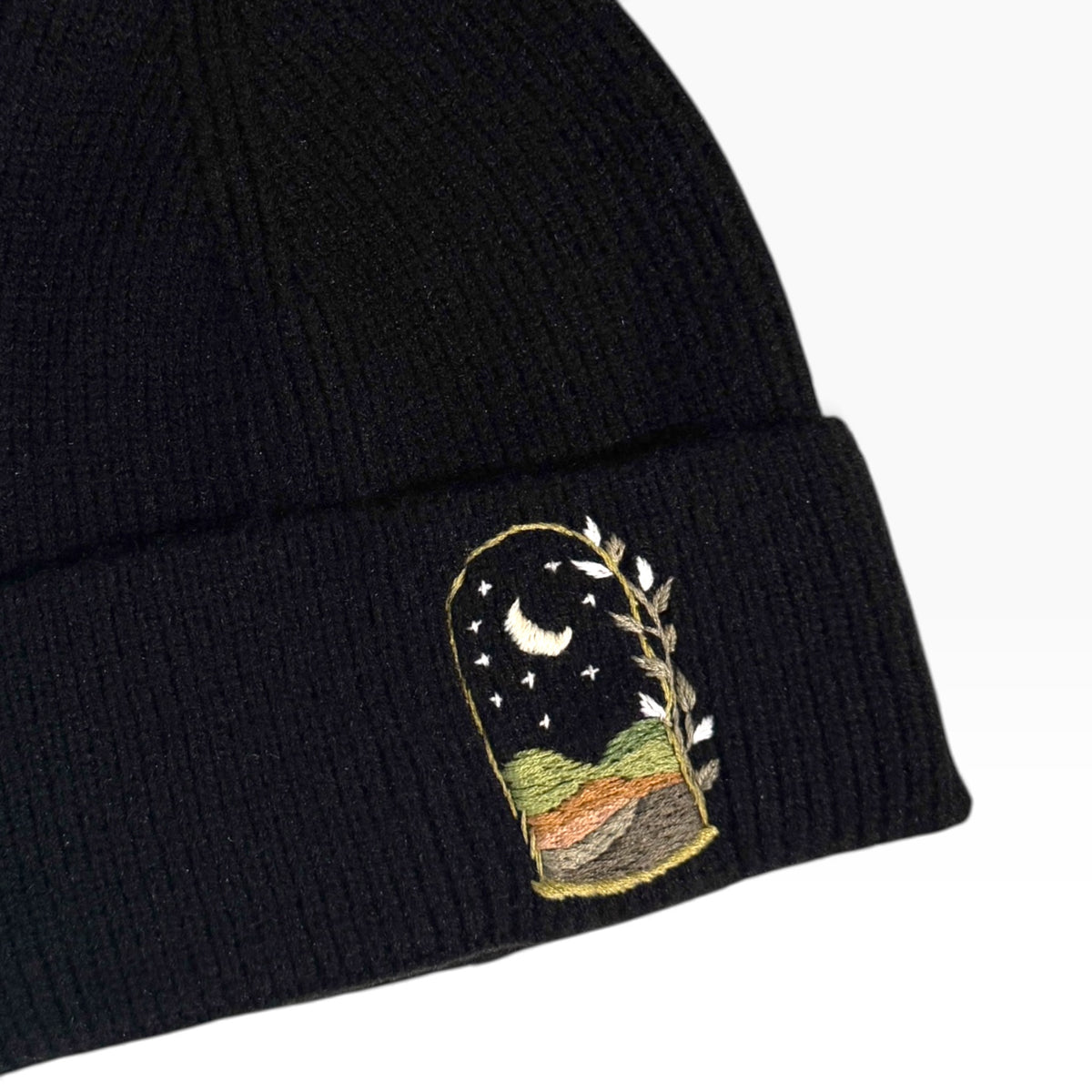 Moonlit Hills Embroidered Black Beanie
