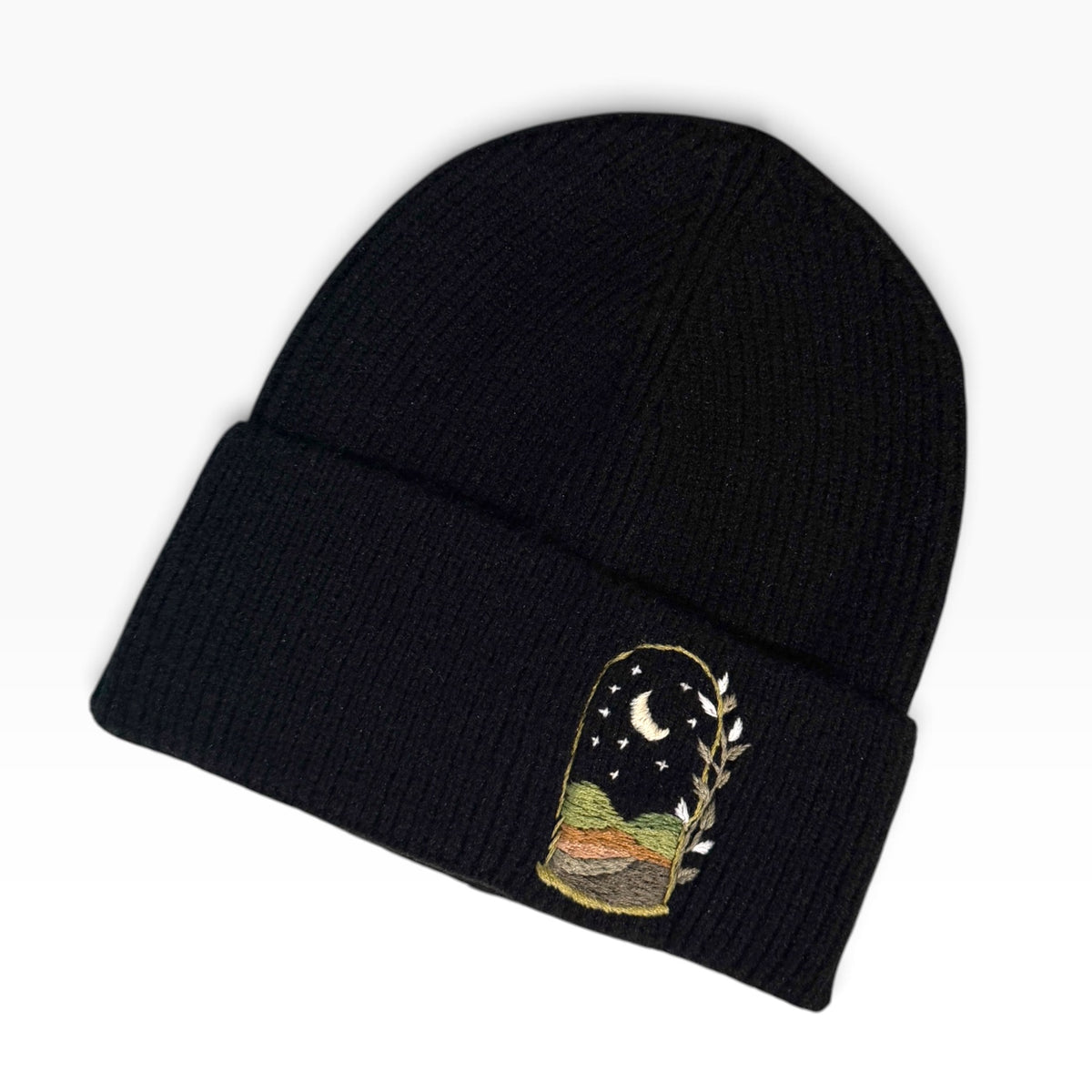Moonlit Hills Embroidered Black Beanie