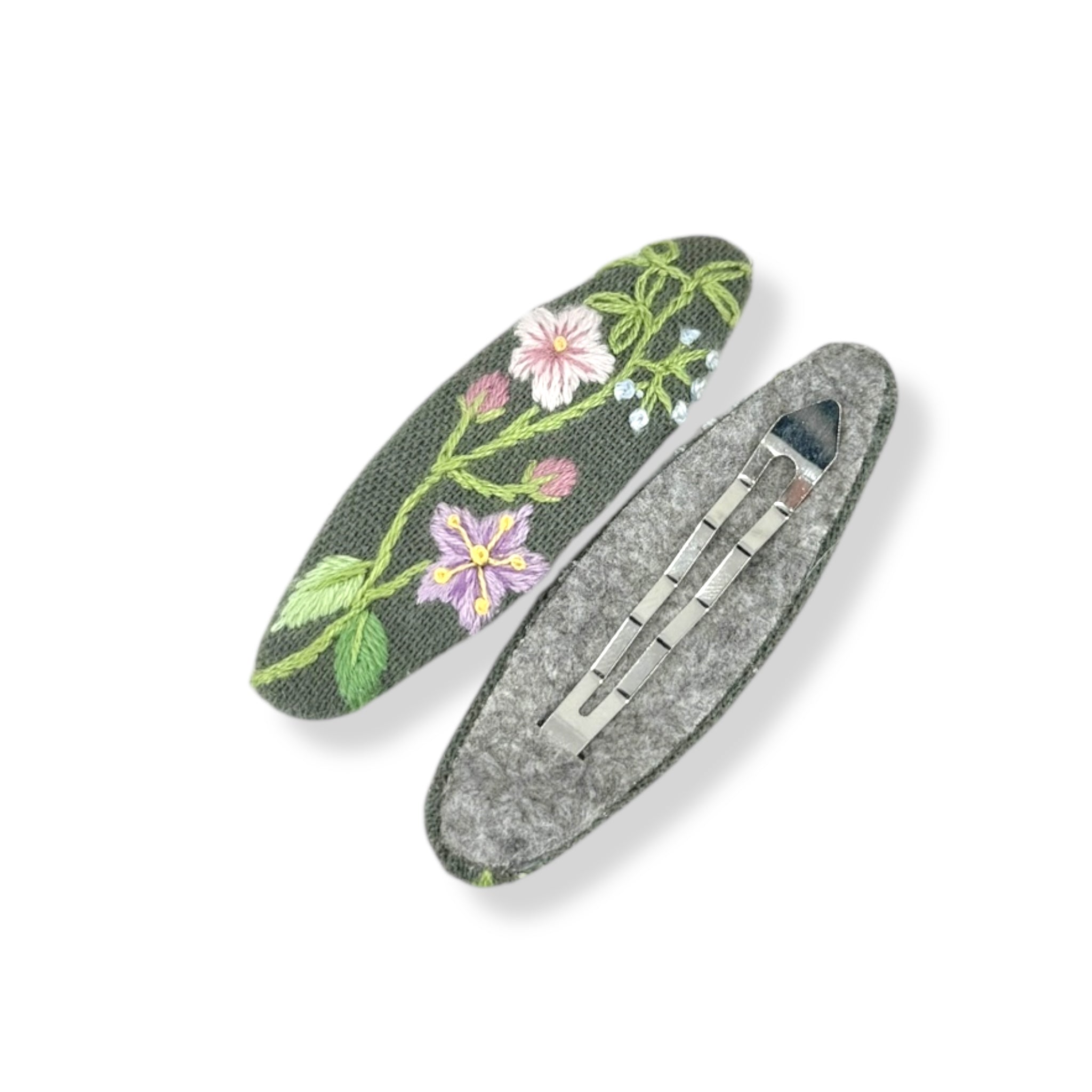 Sage Bloom Hand Embroidered Hair Clips