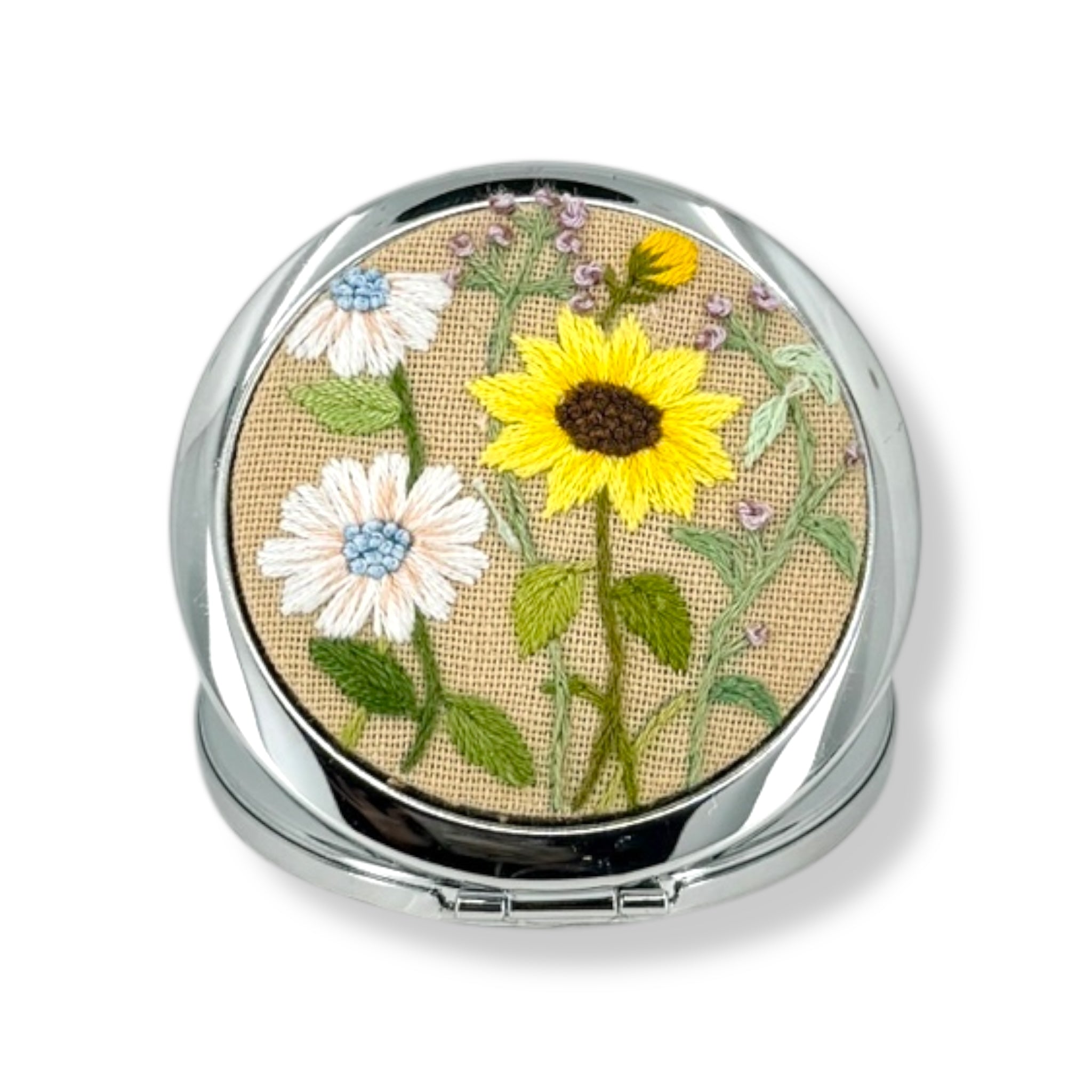Sunflower Beige Embroidered Compact Mirror