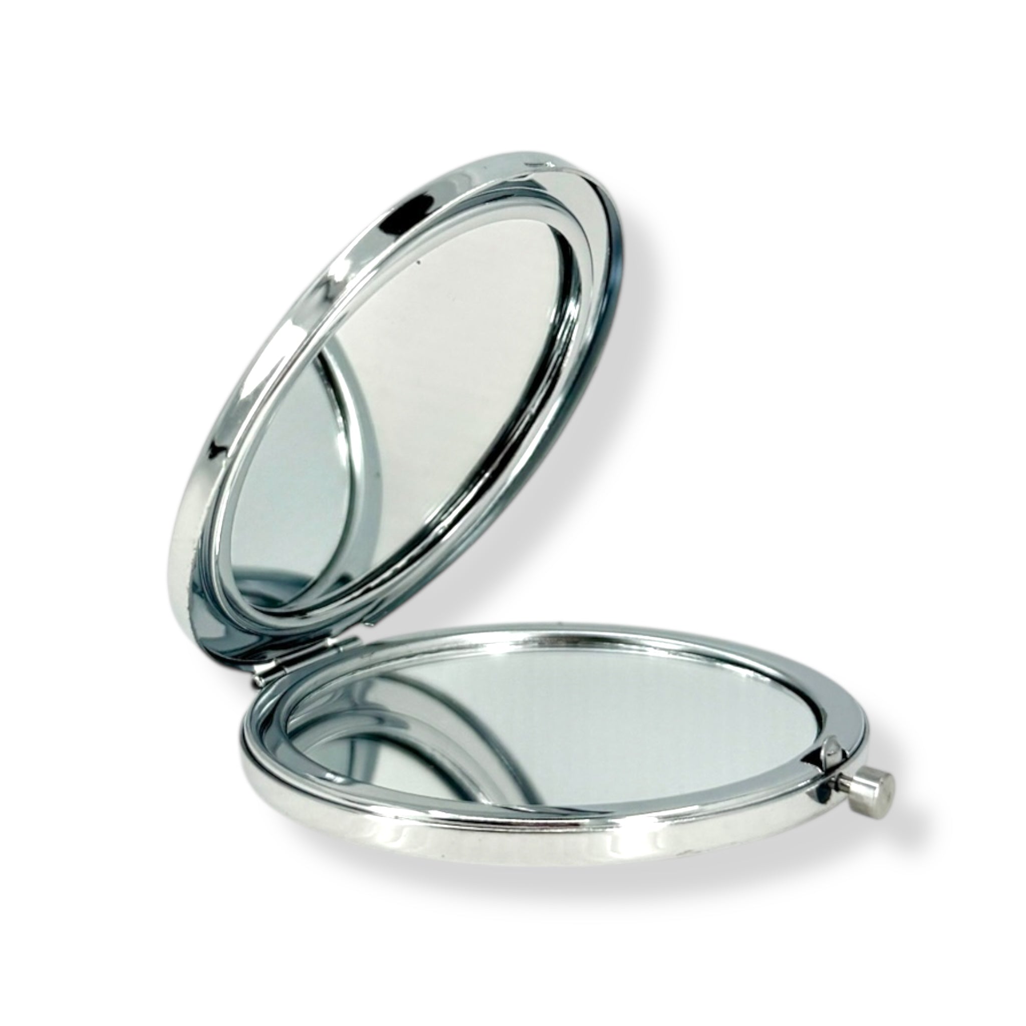 Open Ivory Daisy Bloom Compact Mirror with dual reflective surfaces and sleek silver frame, compact and stylish for everyday carry.