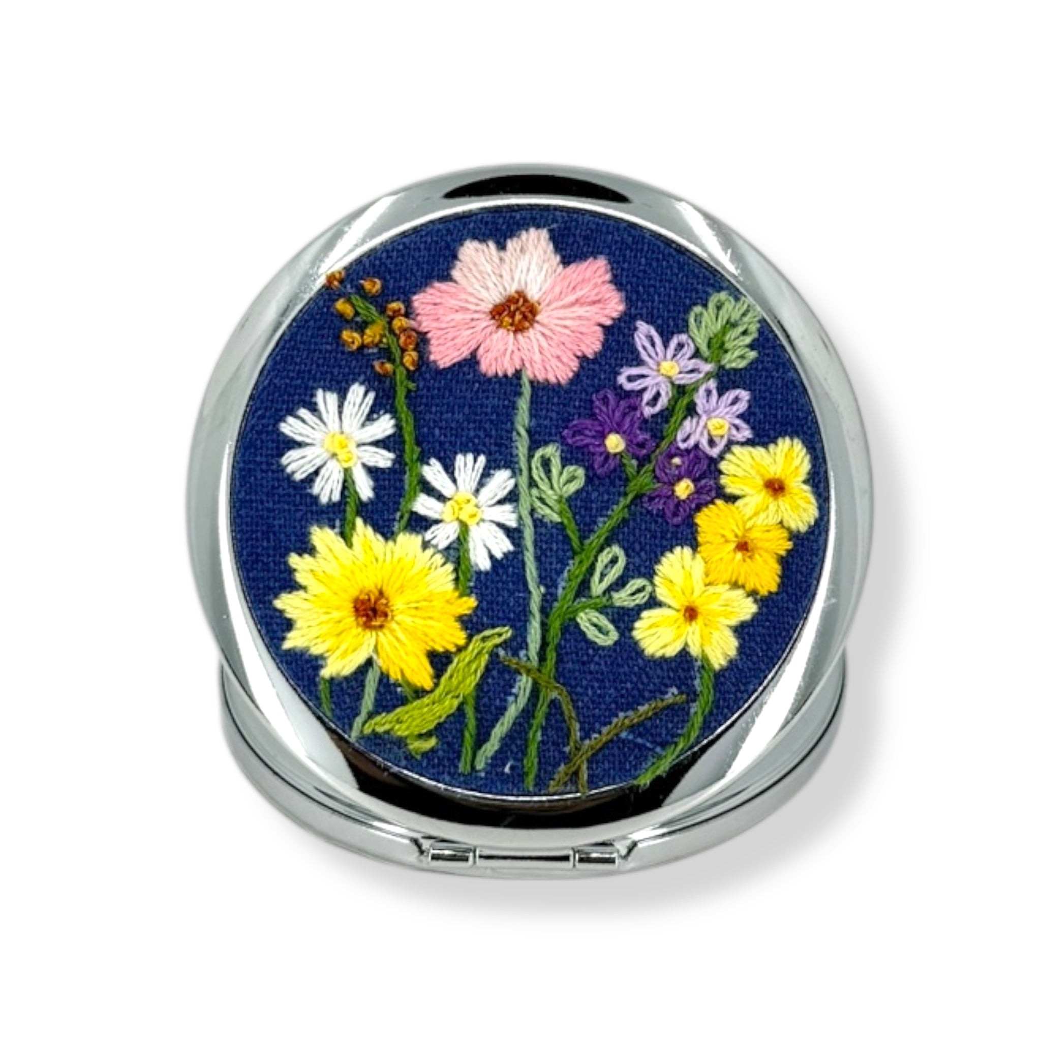 Blue Floral Embroidered Compact Mirror