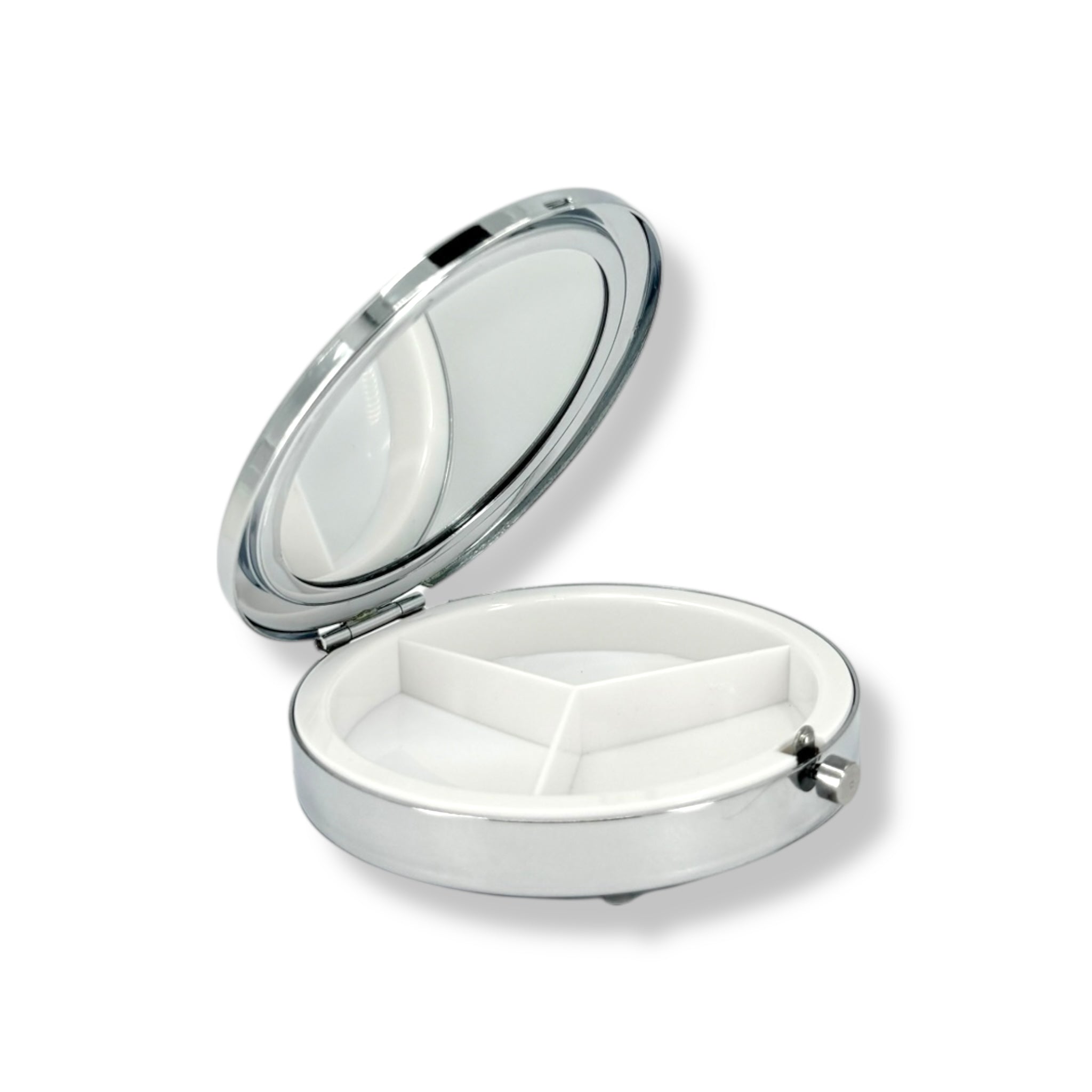 Open Ivory Daisy Bloom Pocket Container revealing interior mirror and divided compartments for storing jewelry or small items.