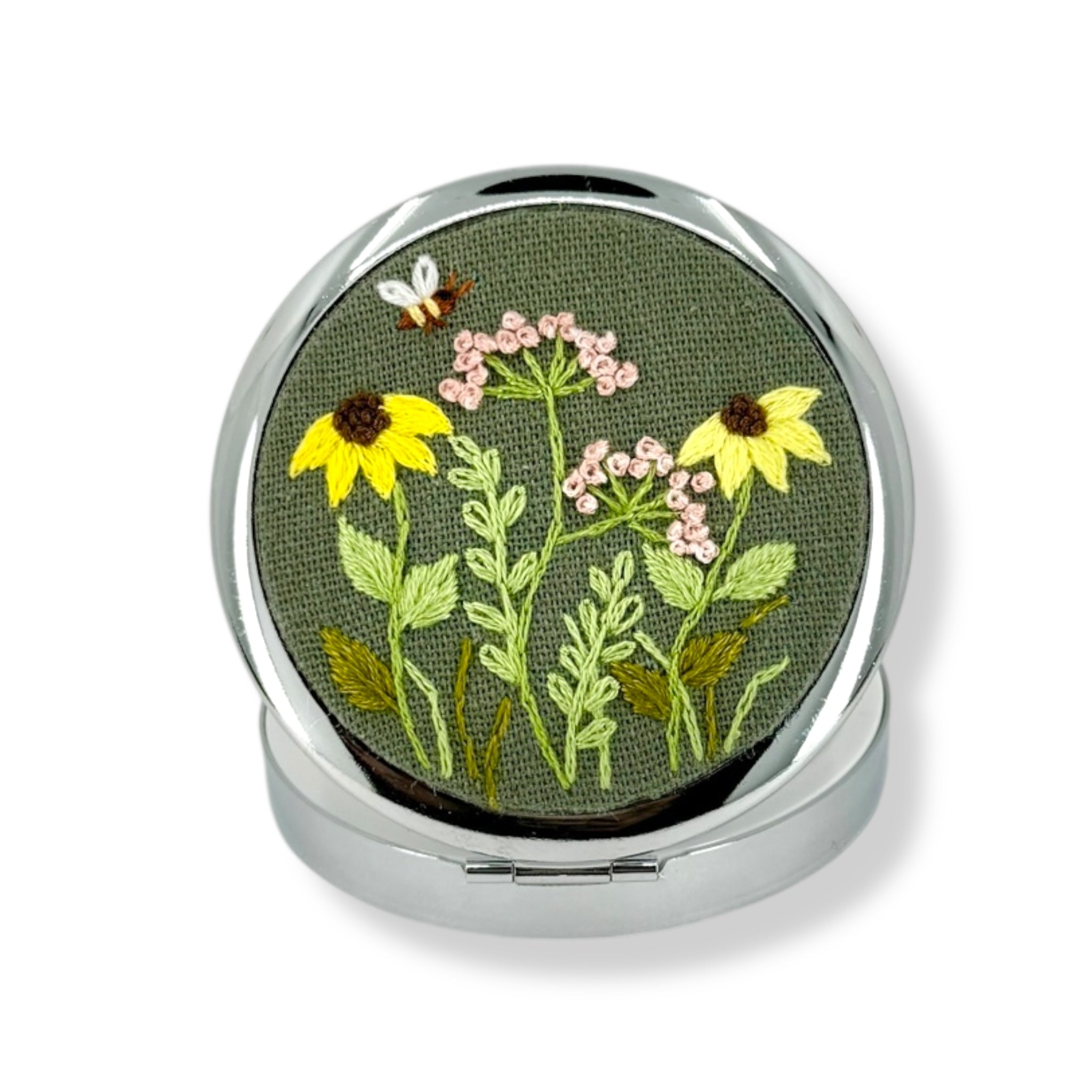 Olive Green Daisy Hand Embroidery Compact Container