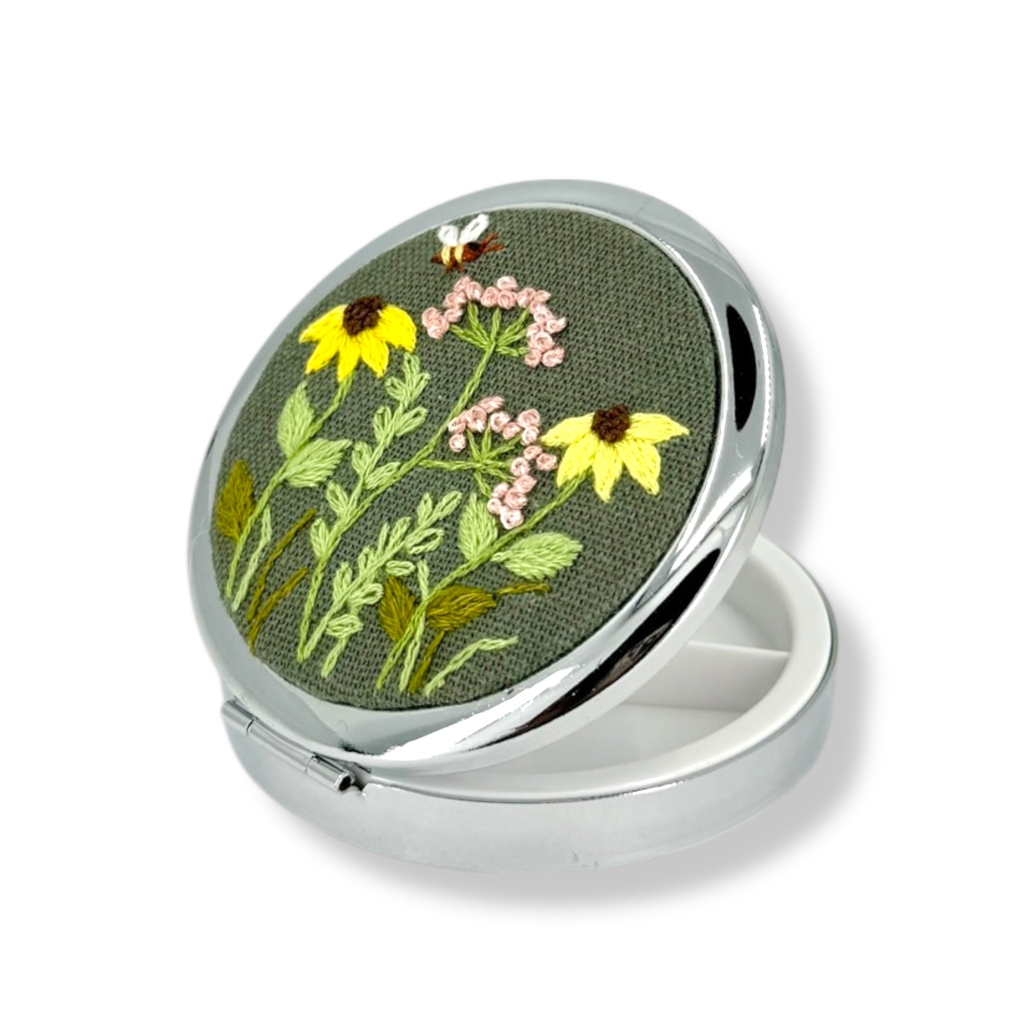 Olive Green Daisy Hand Embroidery Compact Container