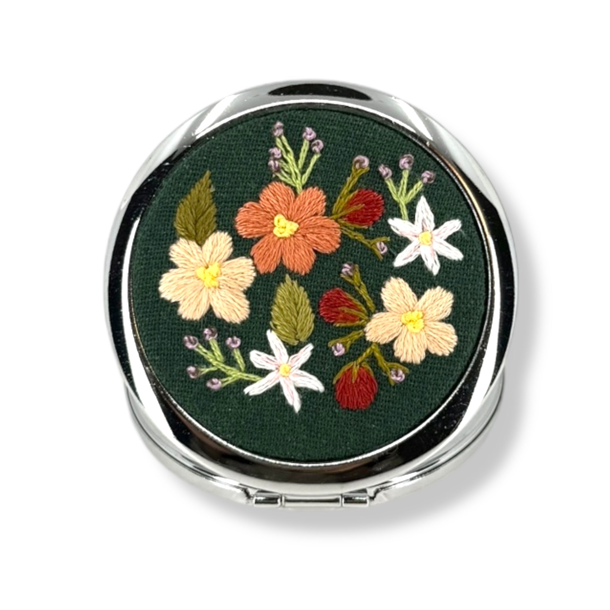 Emerald Bloom Hand Embroidery Compact Mirror