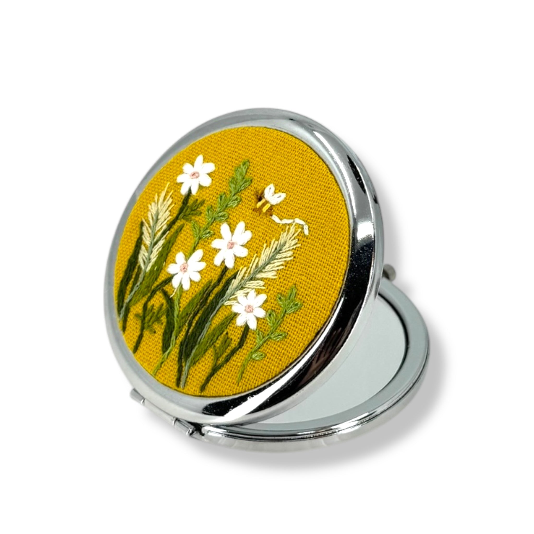 Sunny Daisy Hand Embroidery Compact Mirror