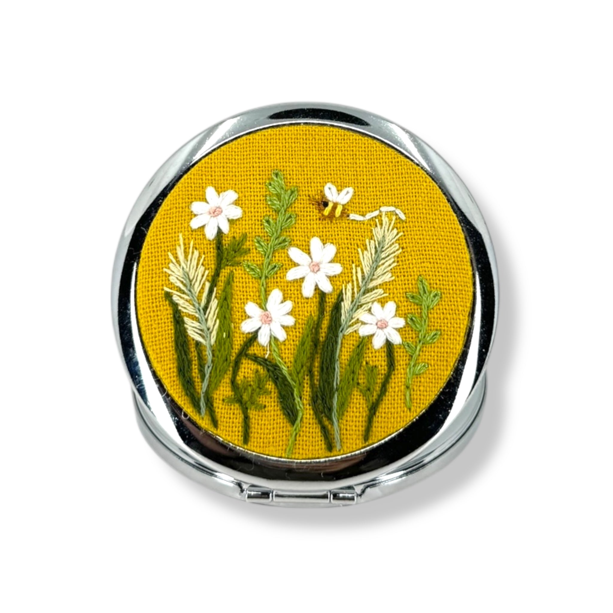 Sunny Daisy Hand Embroidery Compact Container
