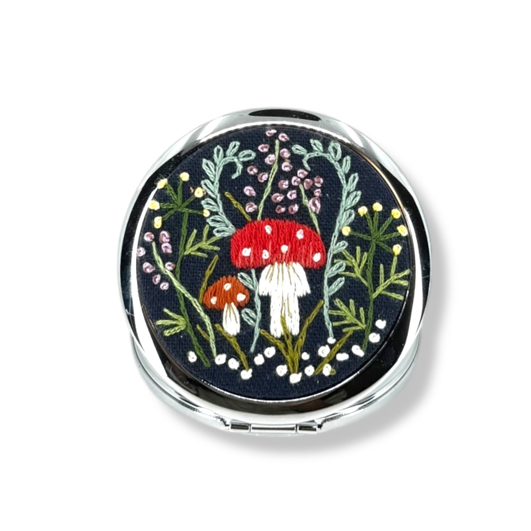 Mushroom Navy Embroidered Pocket Mirror
