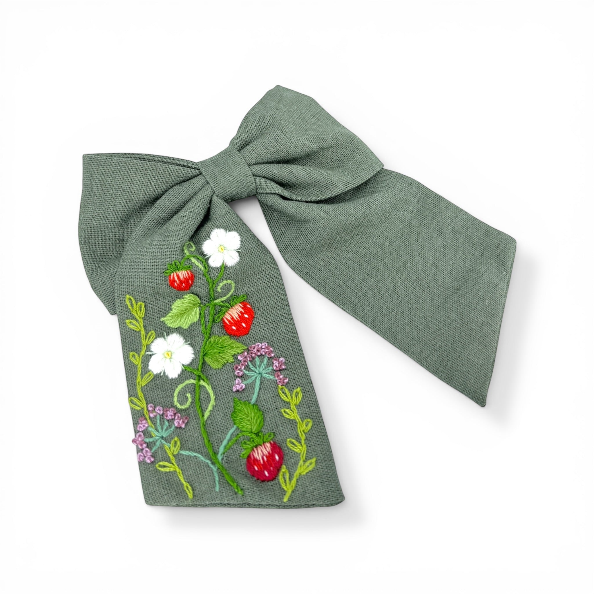 Sage Green Strawberry Embroidered Hairbow Barrette