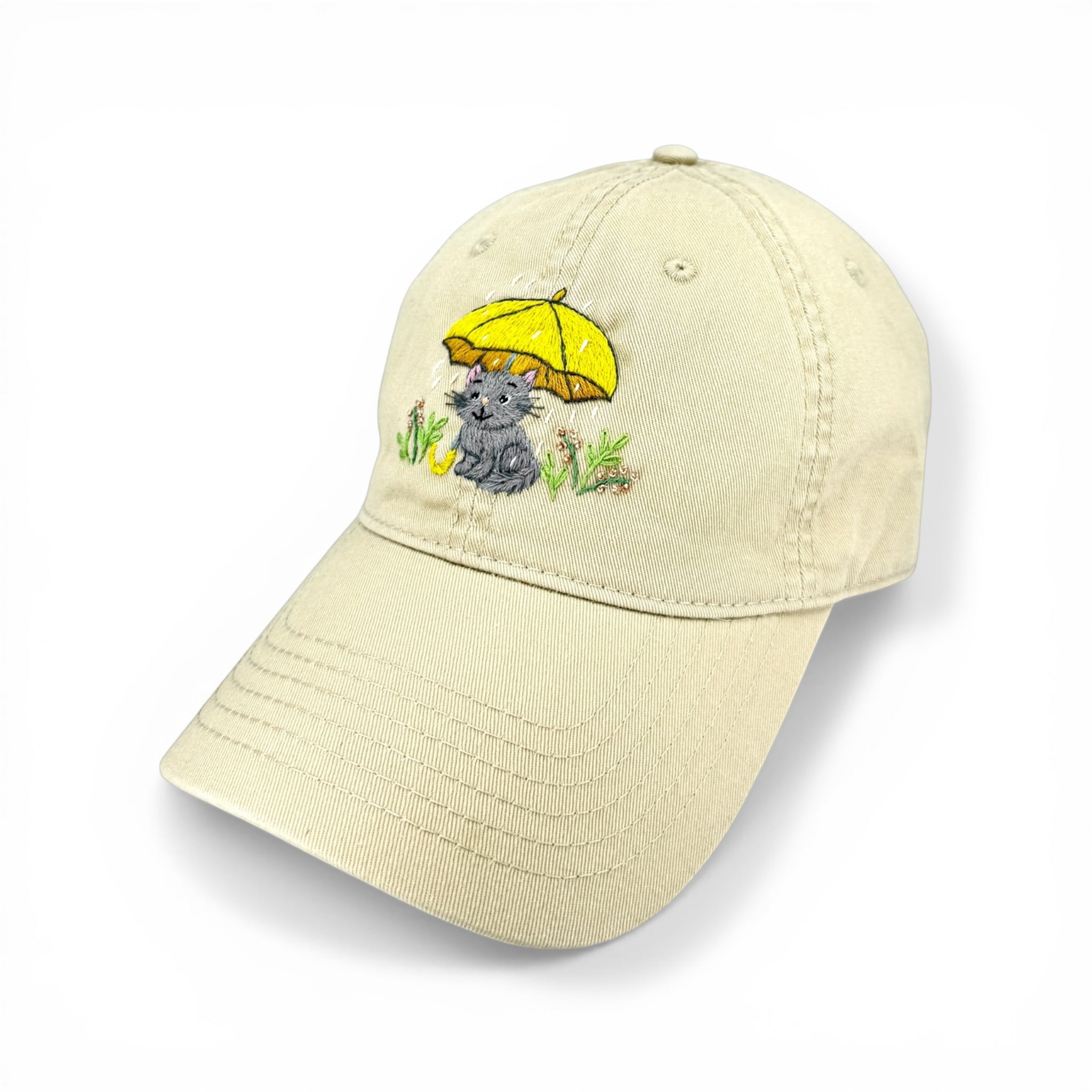 Cute Minimal Beige Cat Umbrella Embroidered Cotton Cap