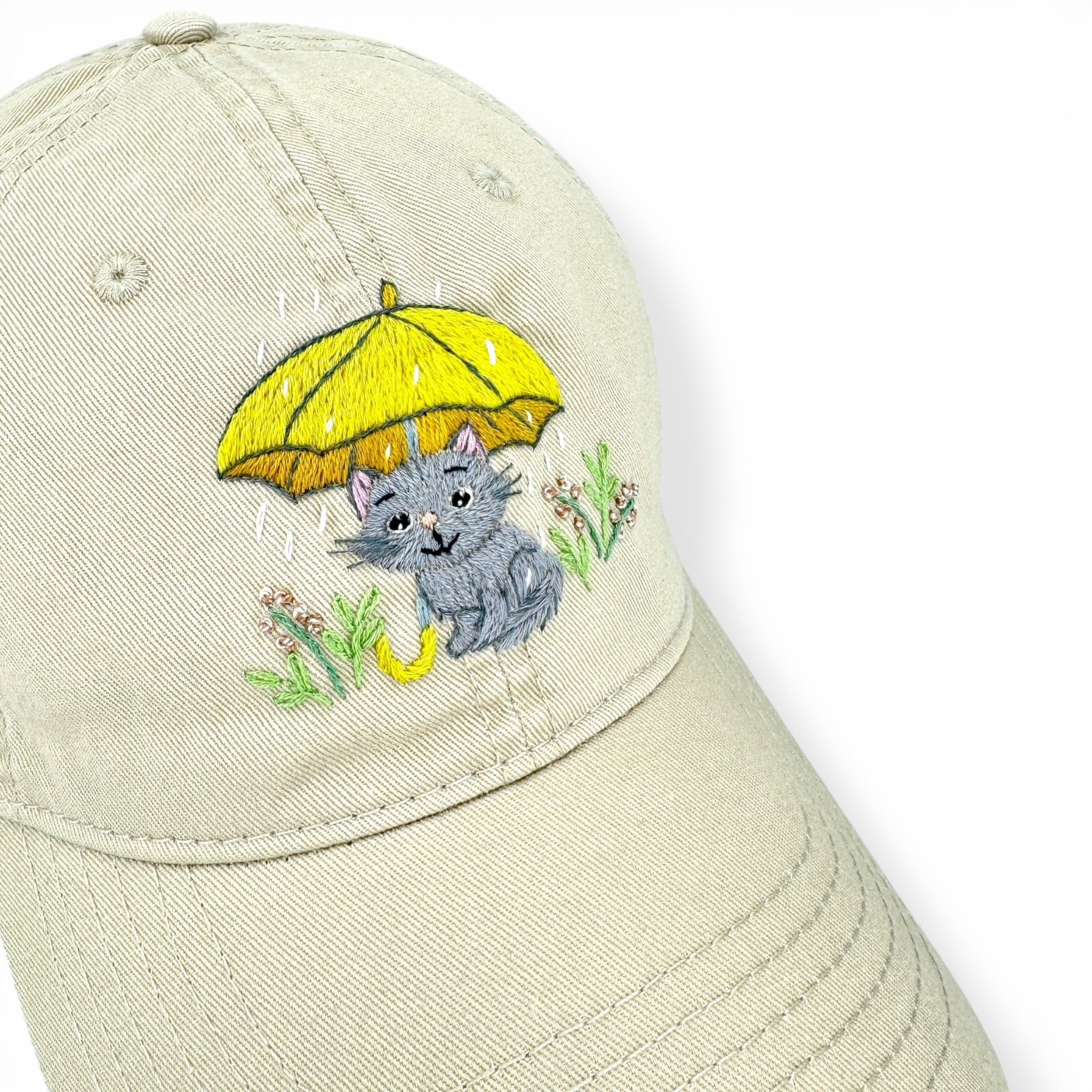Cute Minimal Beige Cat Umbrella Embroidered Cotton Cap