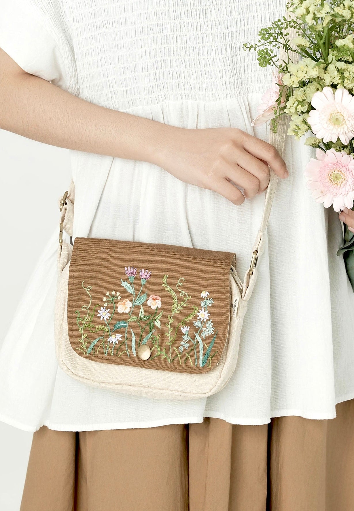 Embroidery Mushroom Crossbody with Brown Cover