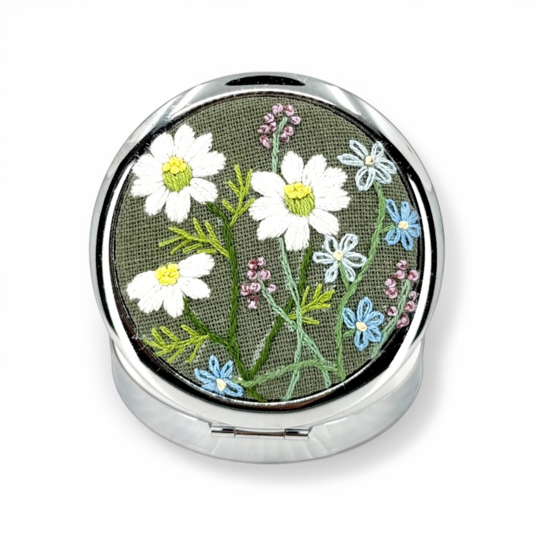 White Daisy Sage green Compact Pocket Jewelry Case