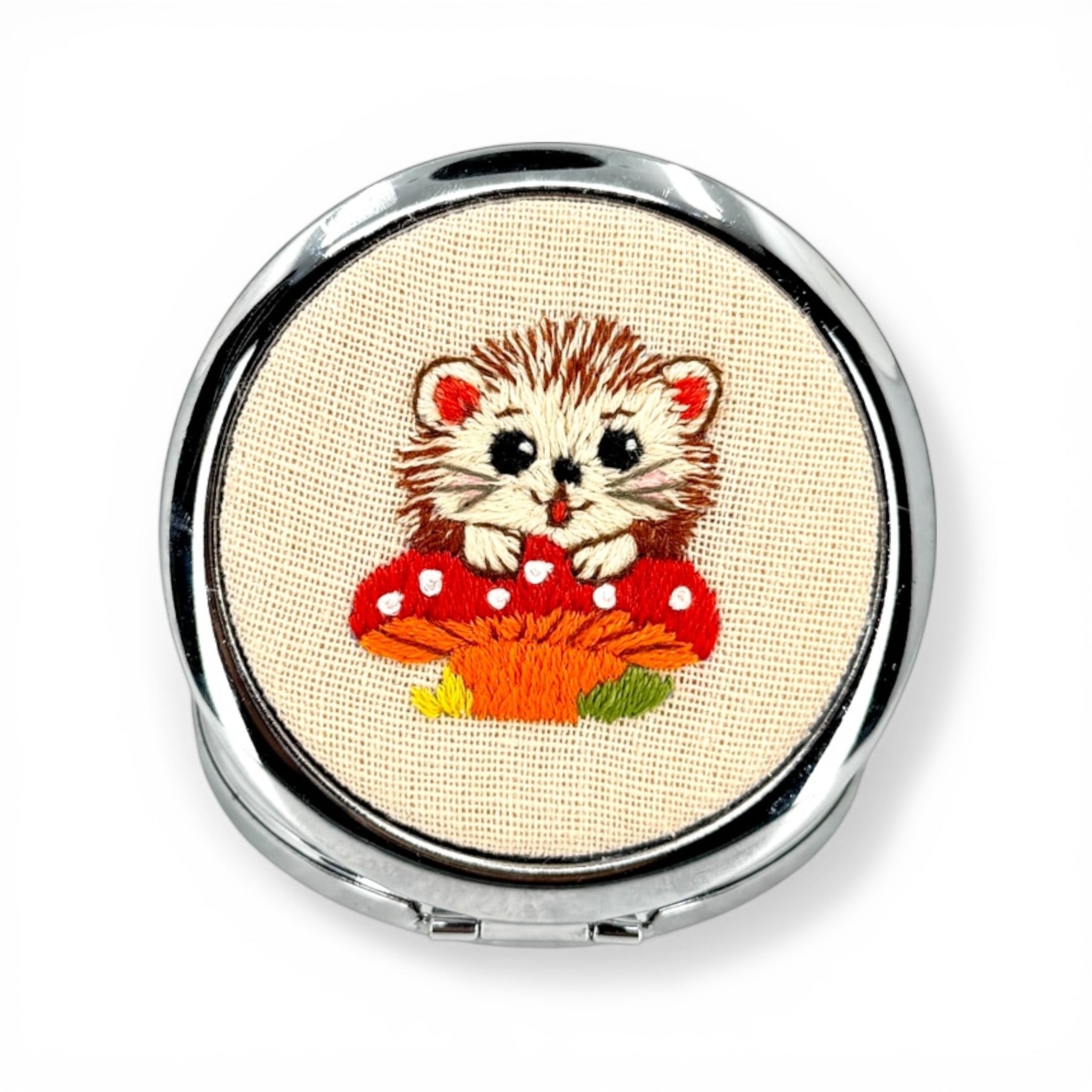 Happy Hedgehog Handmade Embroidered Compact Pocket Mirror