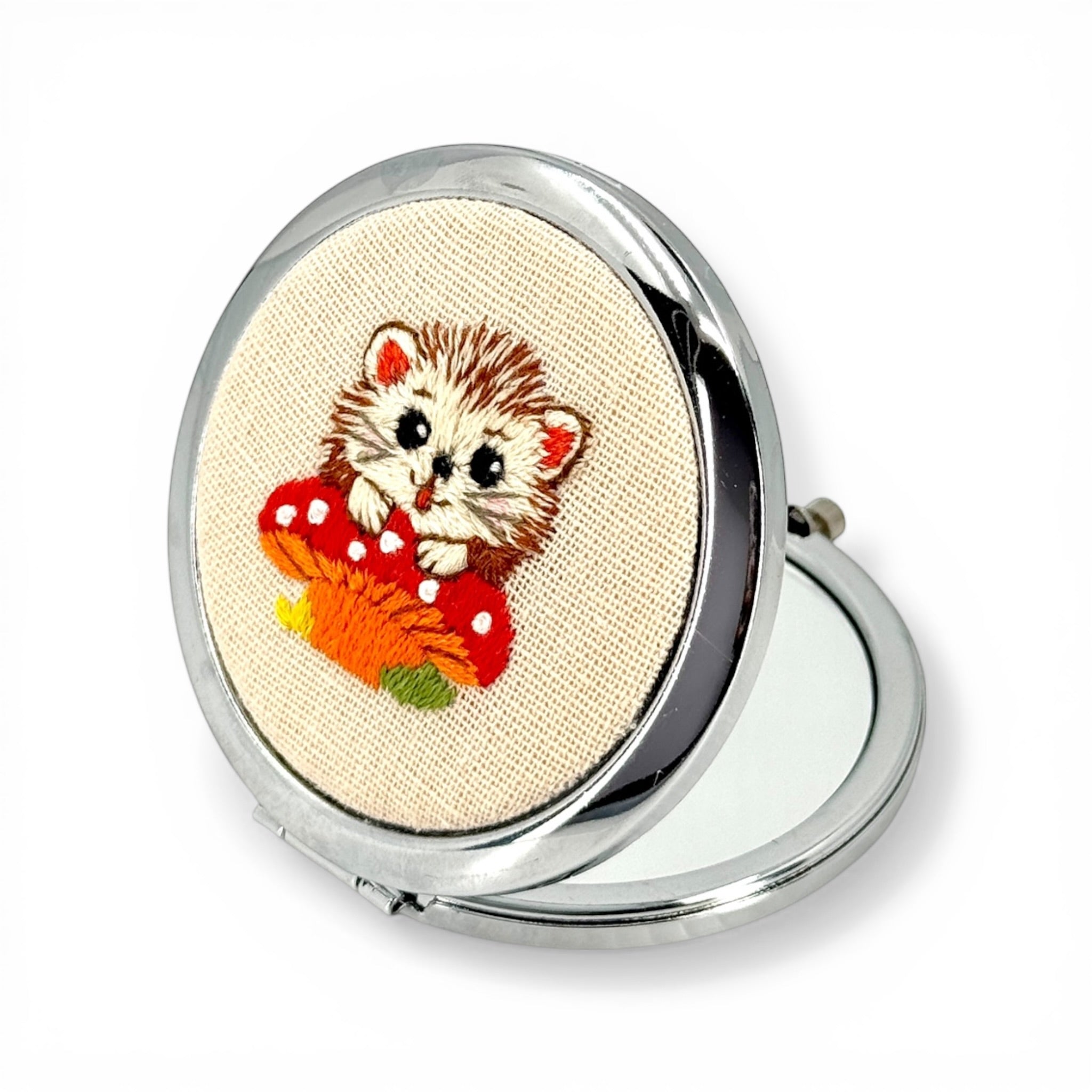 Happy Hedgehog Handmade Embroidered Compact Pocket Mirror