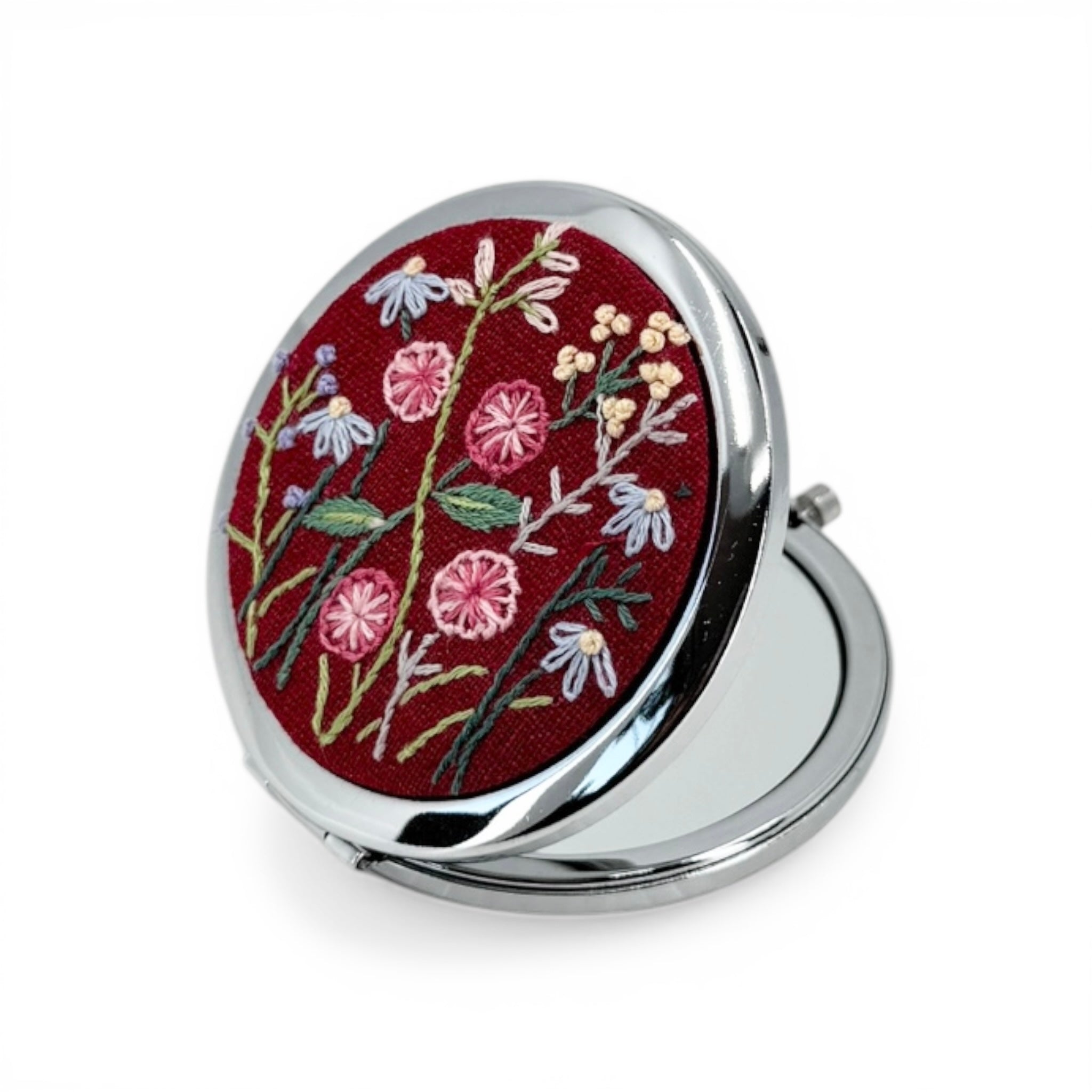 Red Floral Embroidered Compact Pocket Mirror