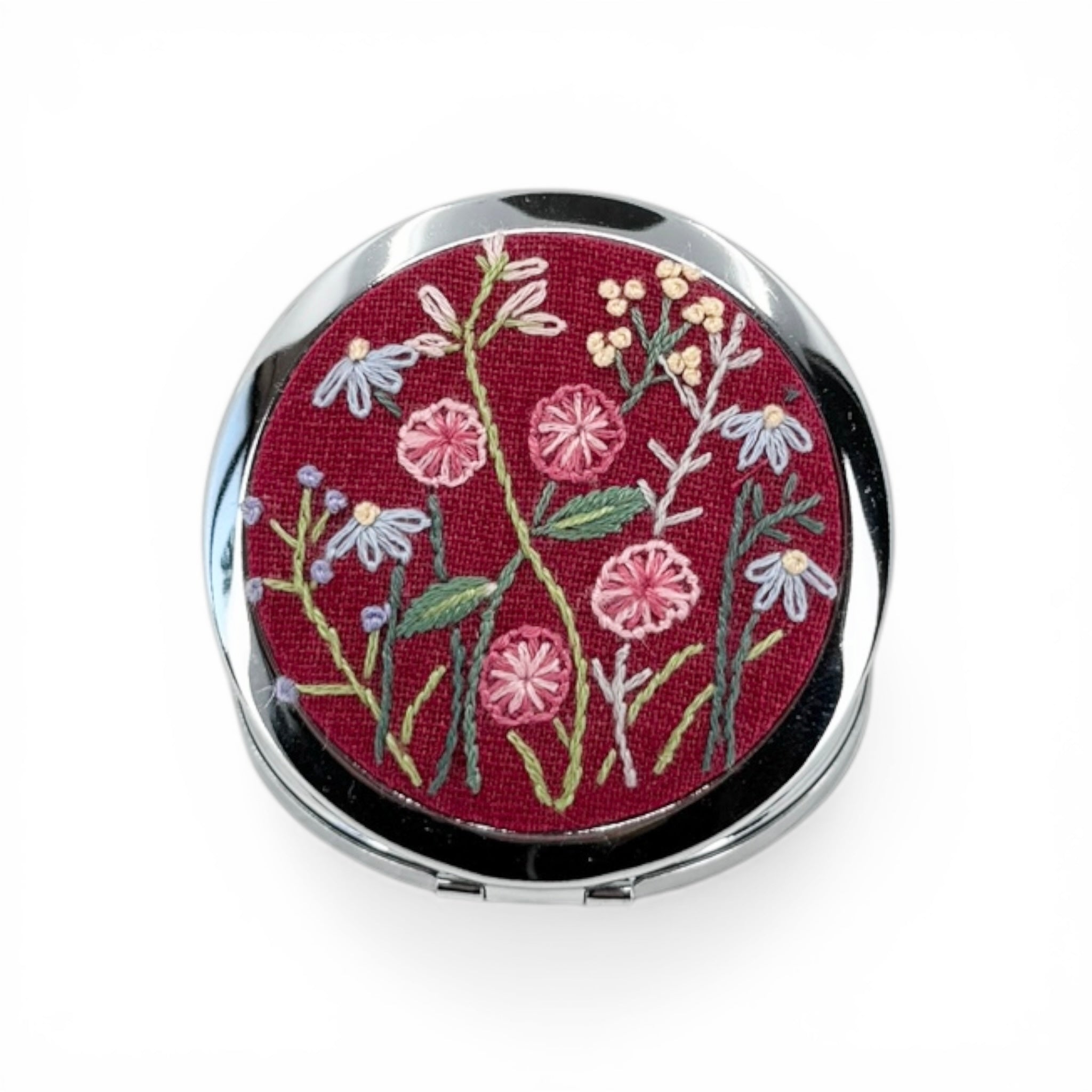 Red Floral Embroidered Compact Pocket Mirror