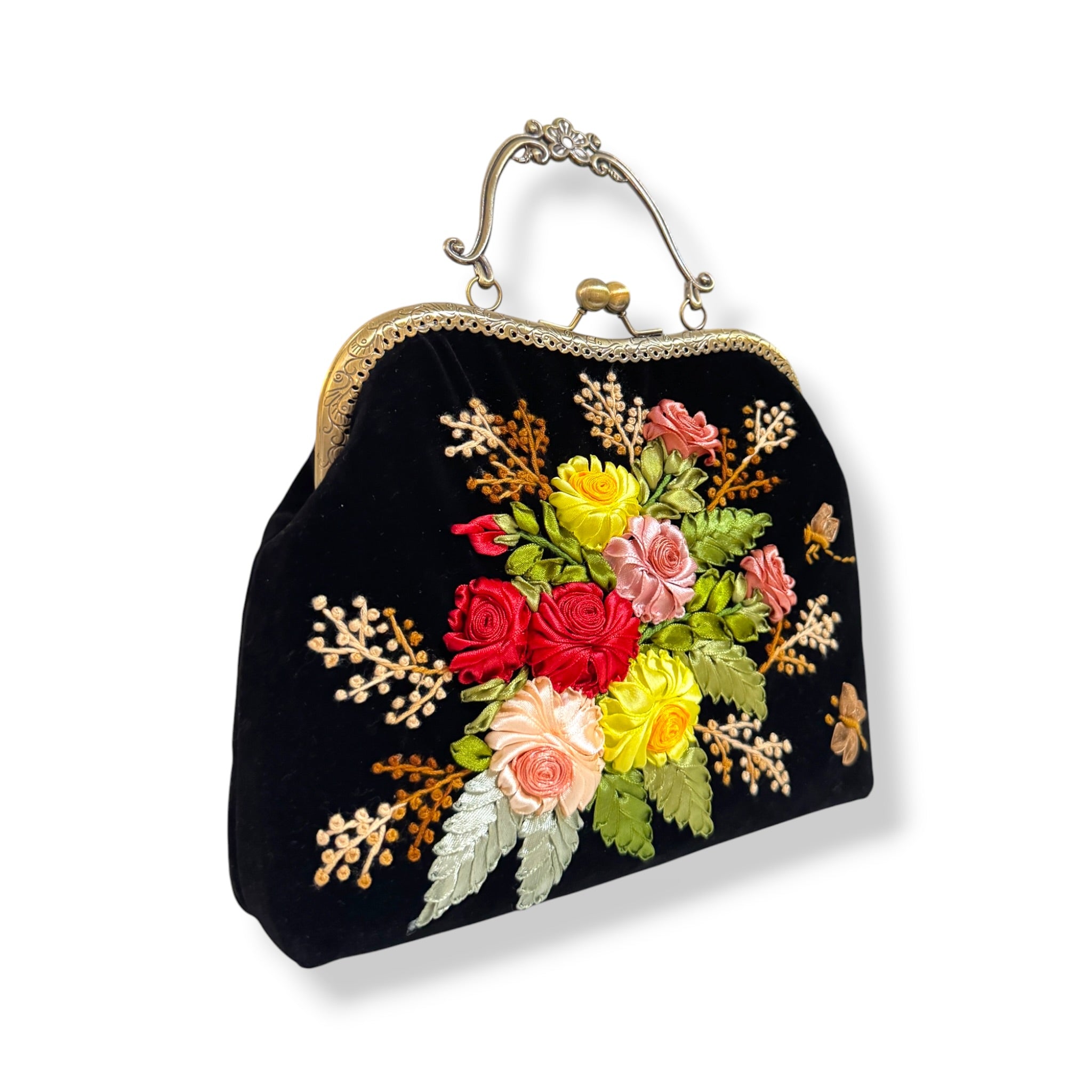 Vintage Roses Bouquet Velvet Ribbon Embroidery Clutch Velvet Bag