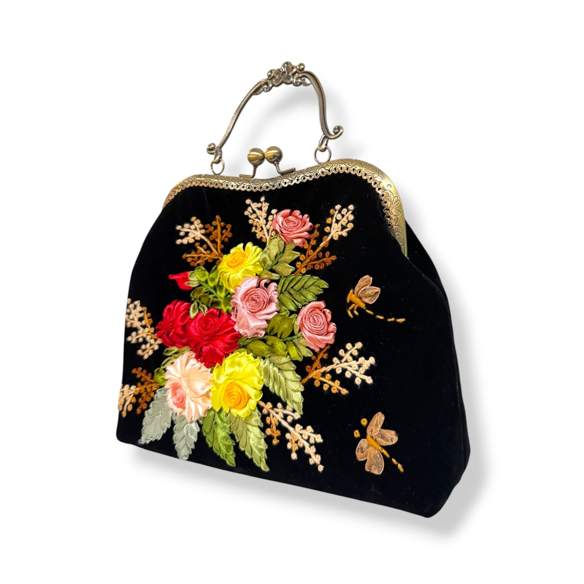 Vintage Roses Bouquet Velvet Ribbon Embroidery Clutch Velvet Bag