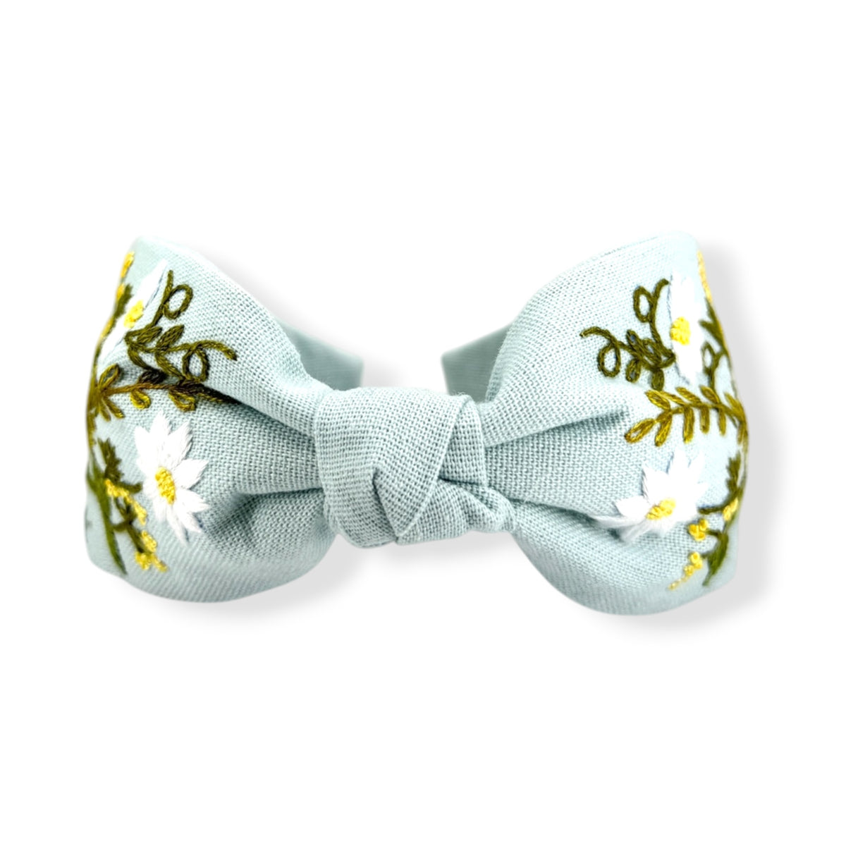 White Daisy Hand Embroidered Sky Blue Bow Headband