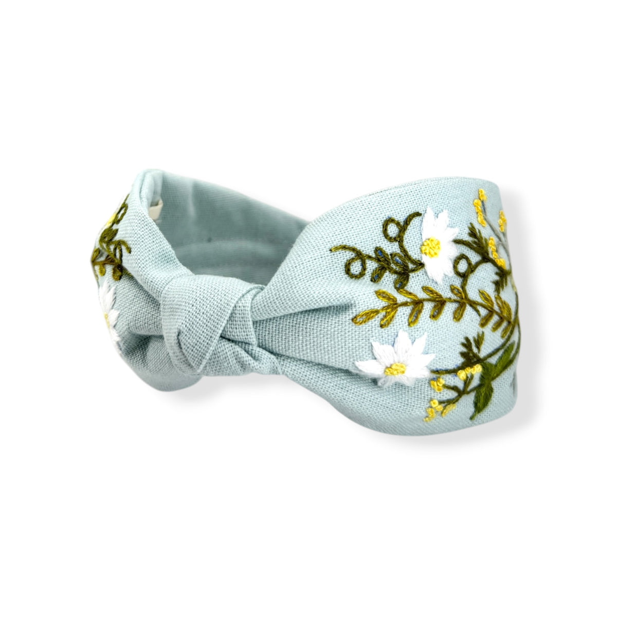 White Daisy Hand Embroidered Sky Blue Bow Headband