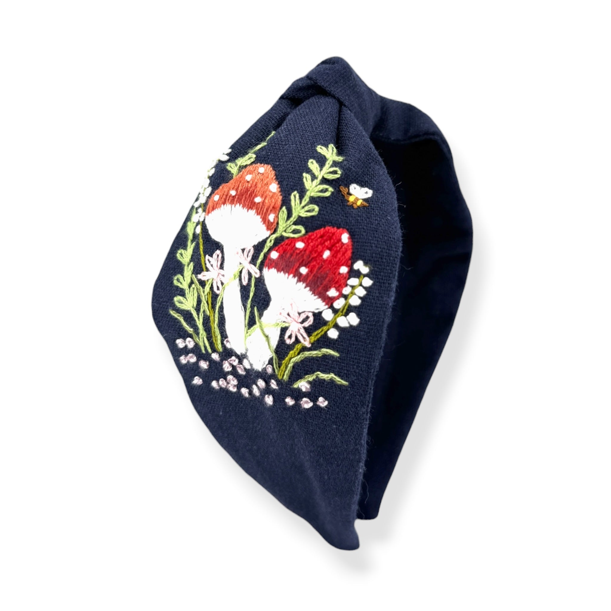 Mushroom Hand Embroidered Navy Knot Headband