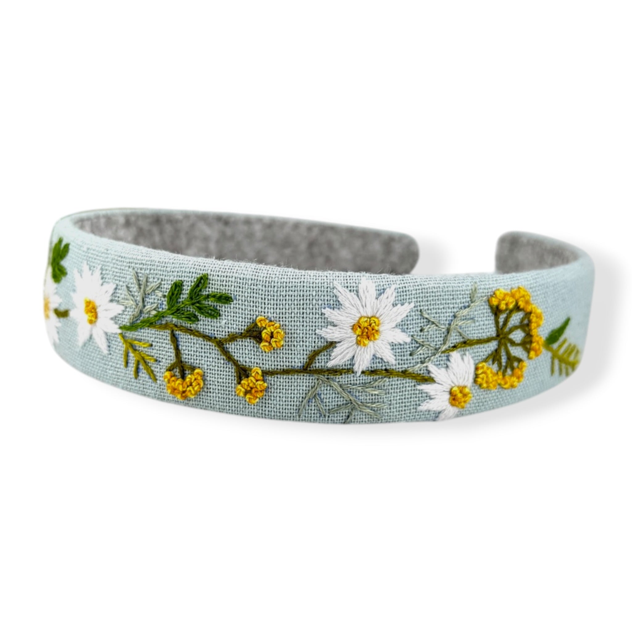 White Daisy Embroidered Sky Blue Headband