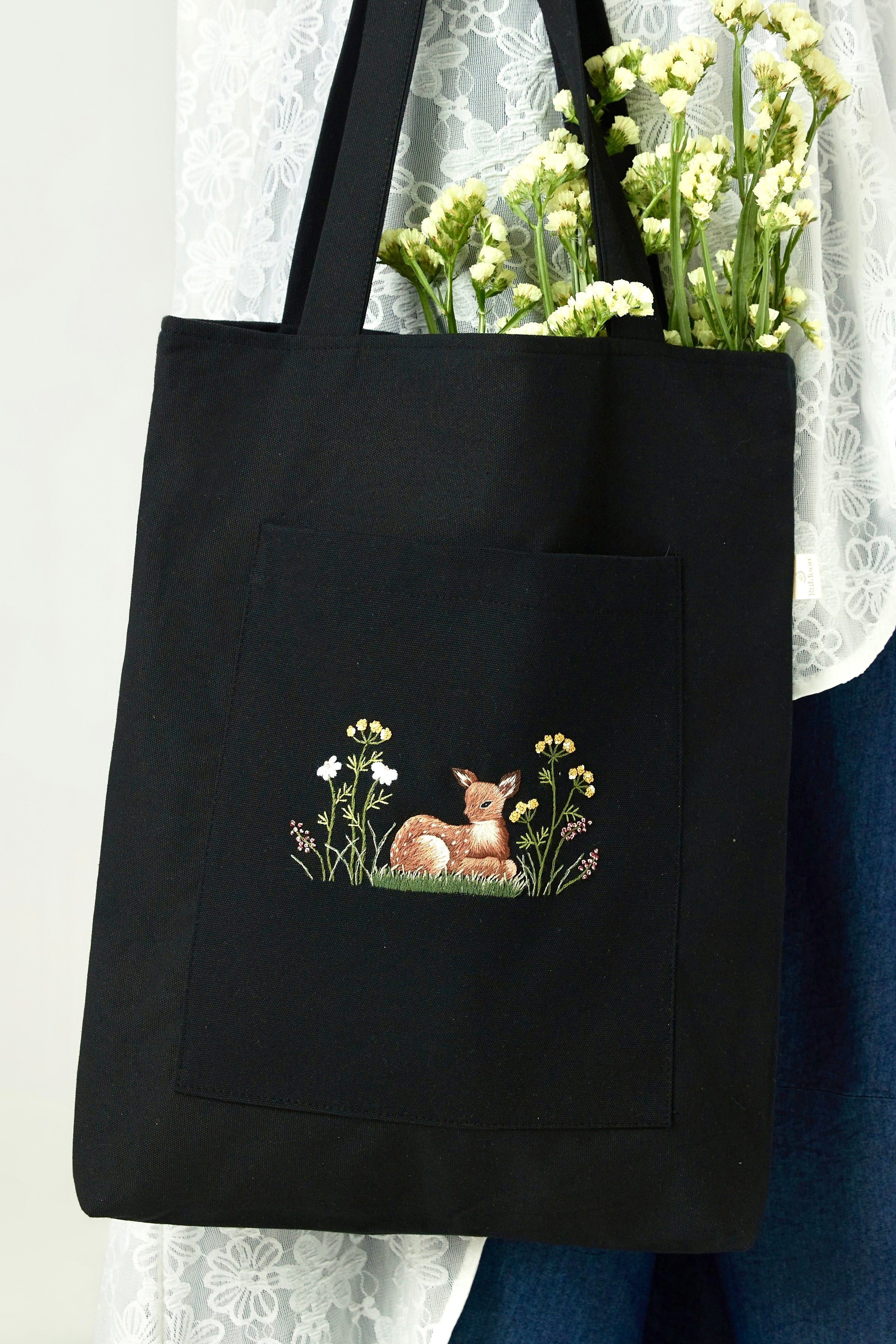 Little Deer Front Pocket Tote Bag Black