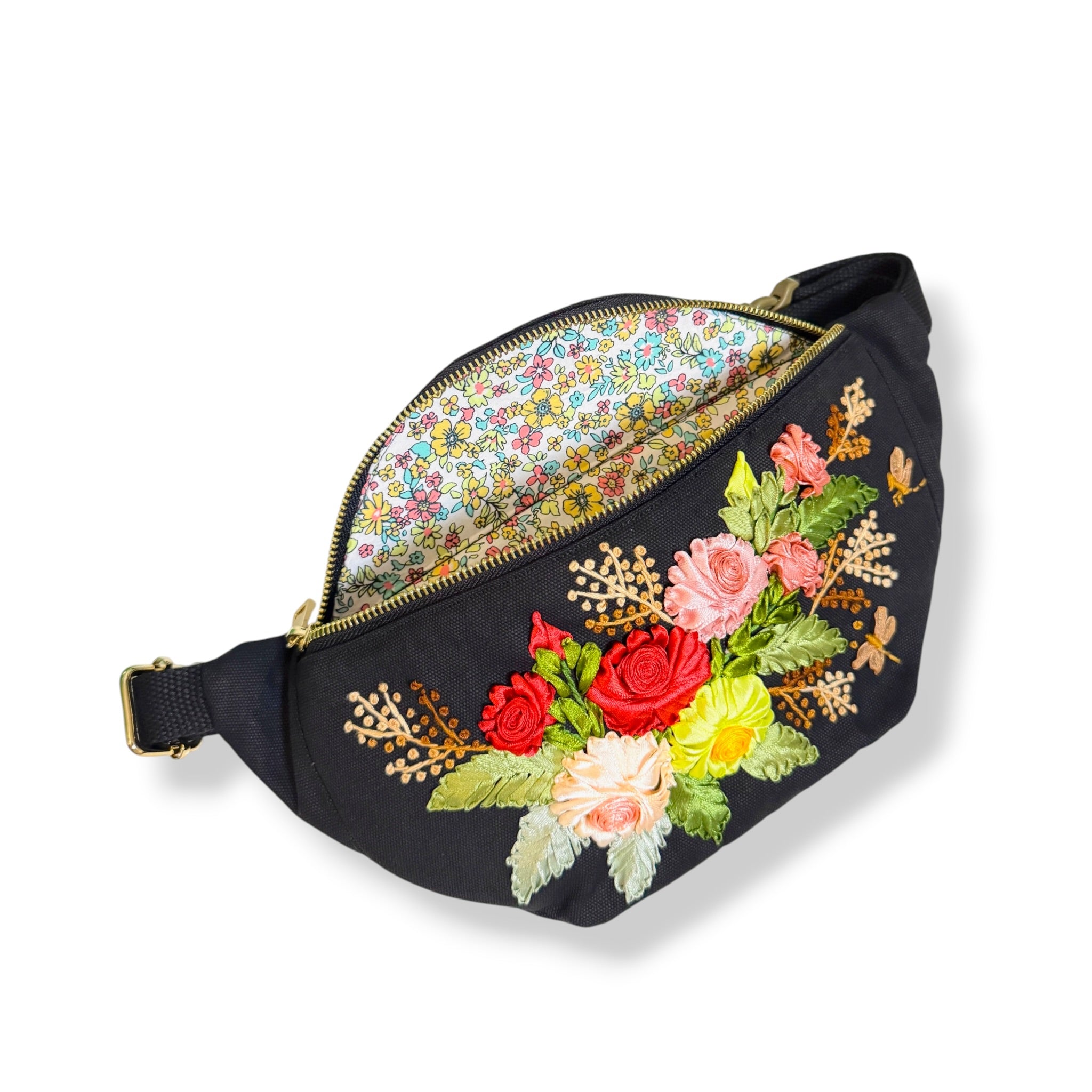 Vintage Roses Ribbon Embroidery Fanny Bag