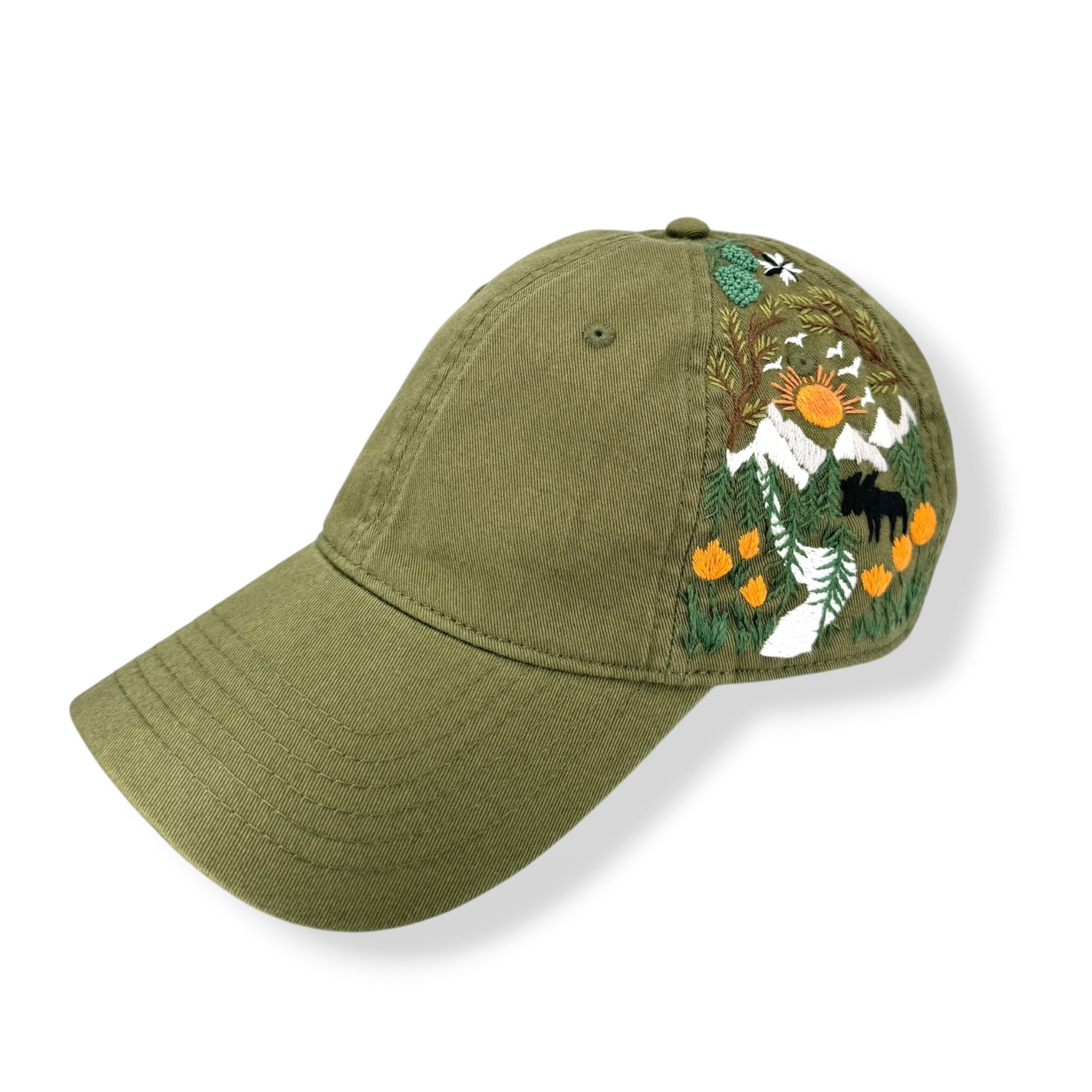 Mountain Trail Embroidered Olive Green Cap