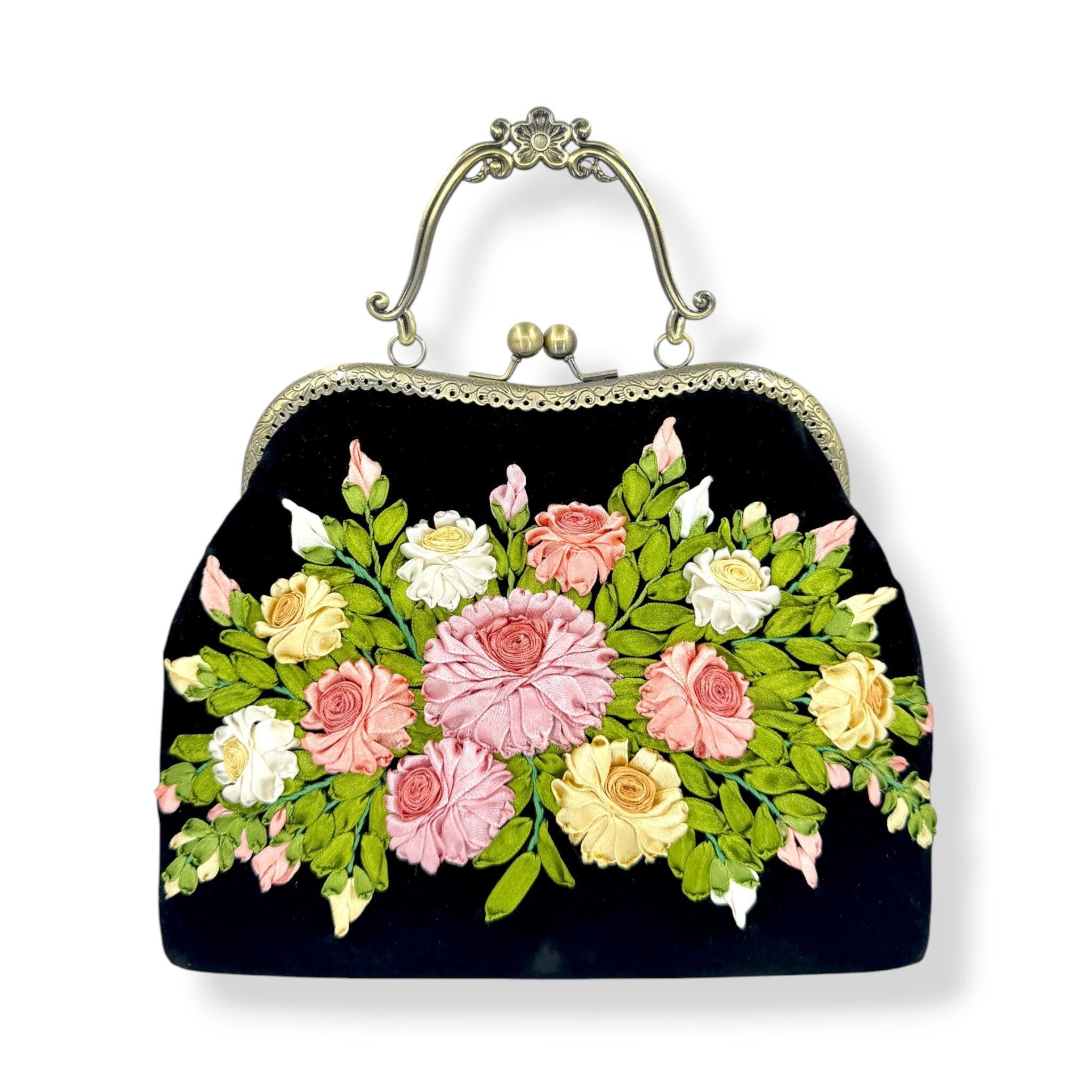 Pink Roses Bouquet Velvet Ribbon Embroidery Clutch Velvet Bag