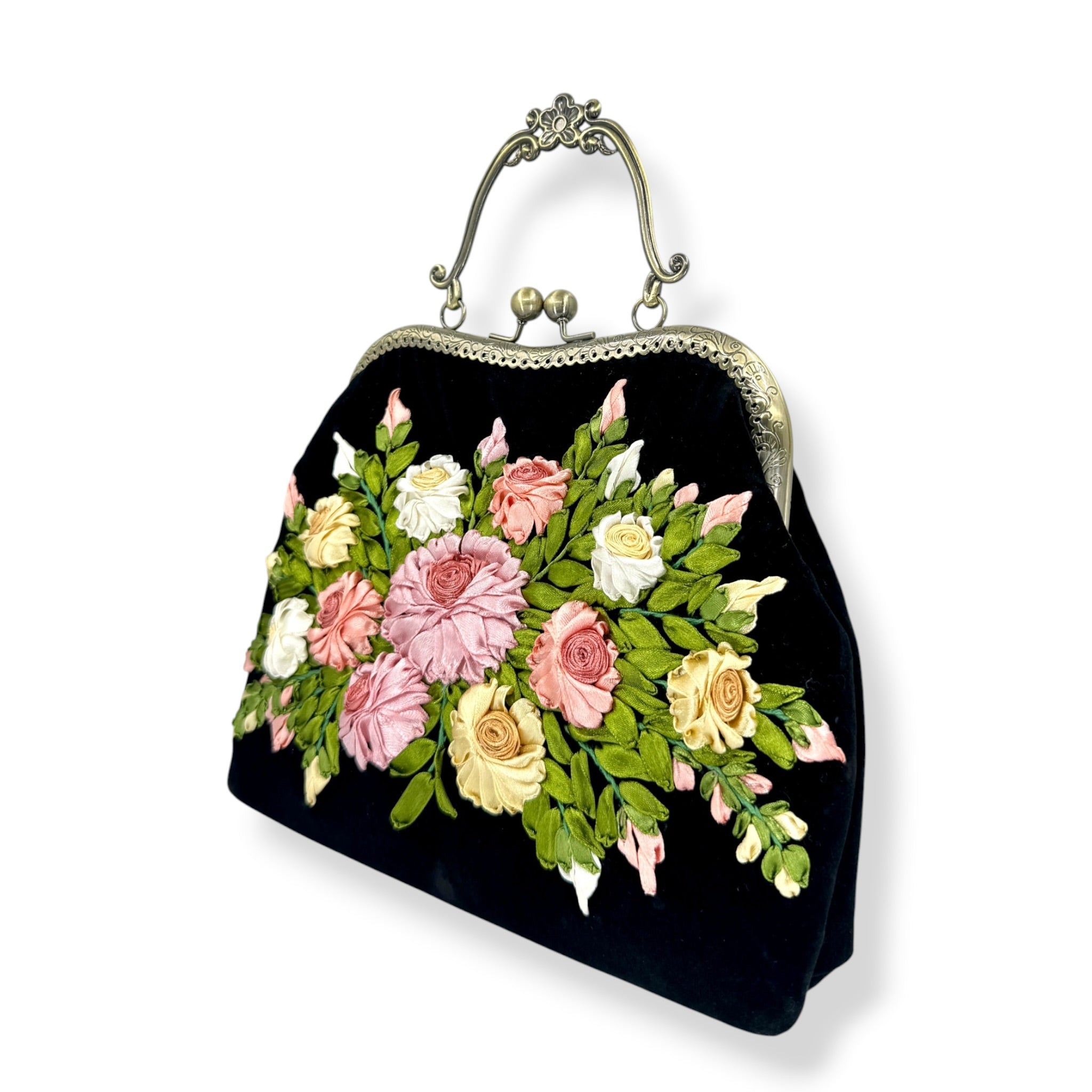 Pink Roses Bouquet Velvet Ribbon Embroidery Clutch Velvet Bag