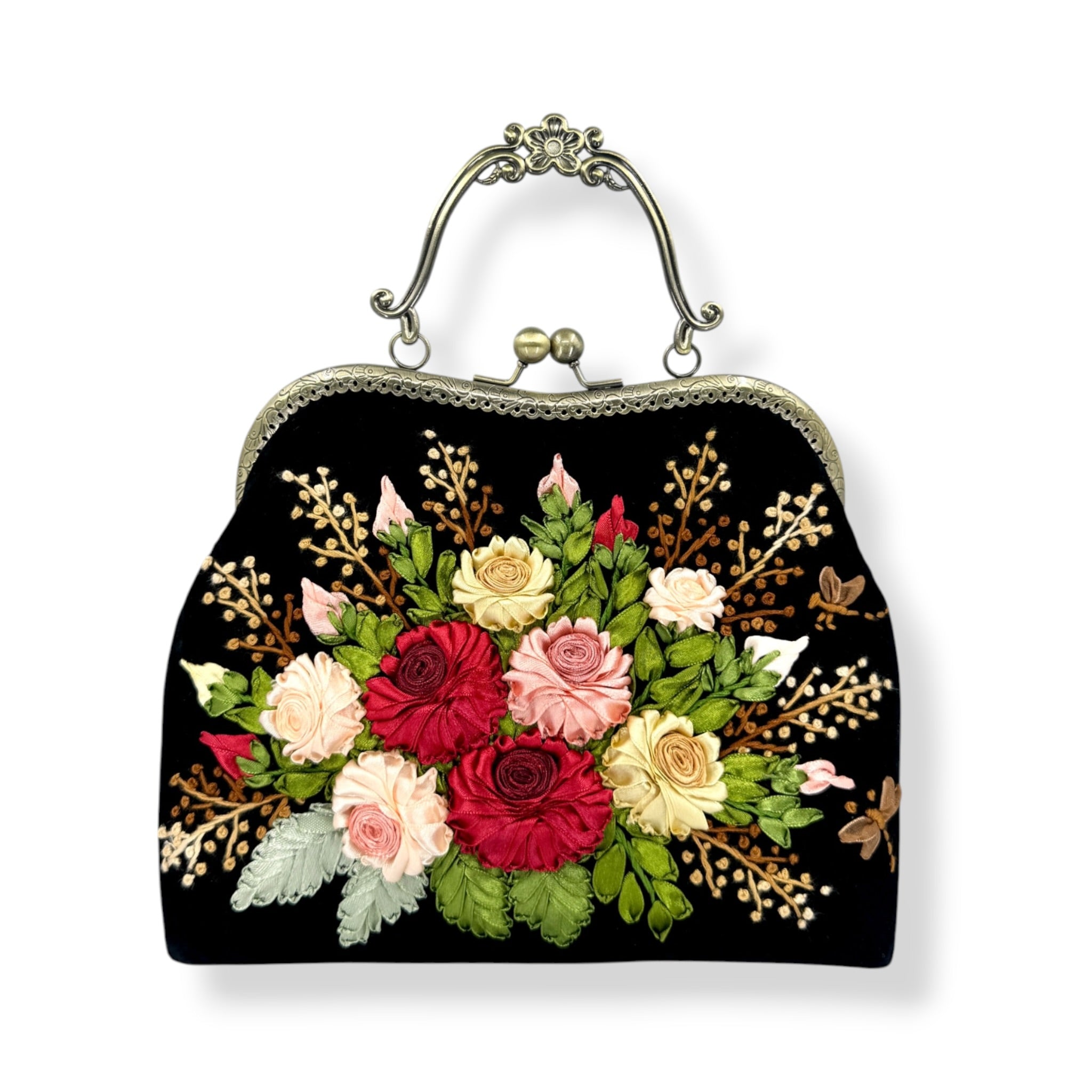 Ruby Roses Bouquet Velvet Ribbon Embroidery Clutch Bag
