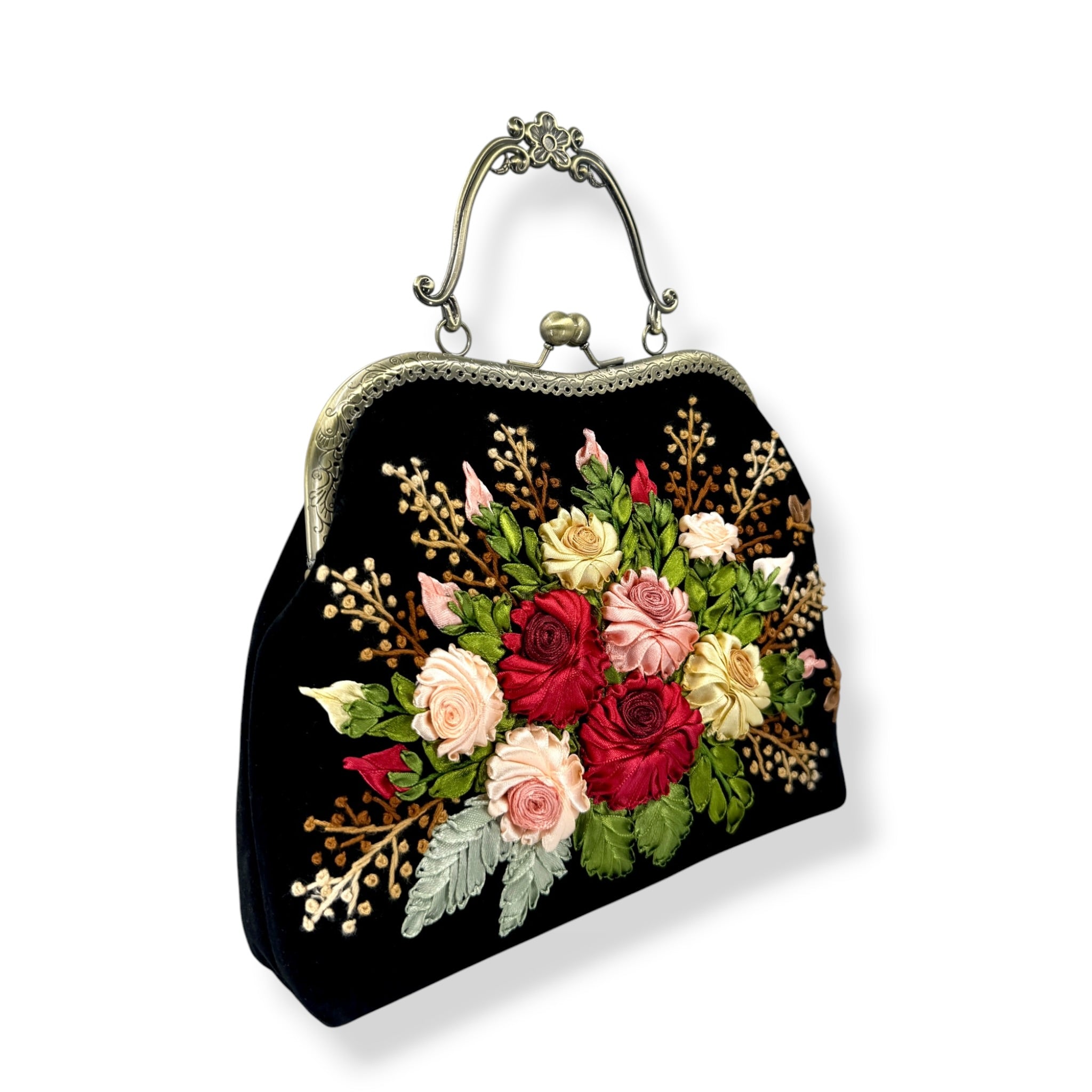 Ruby Roses Bouquet Velvet Ribbon Embroidery Clutch Bag