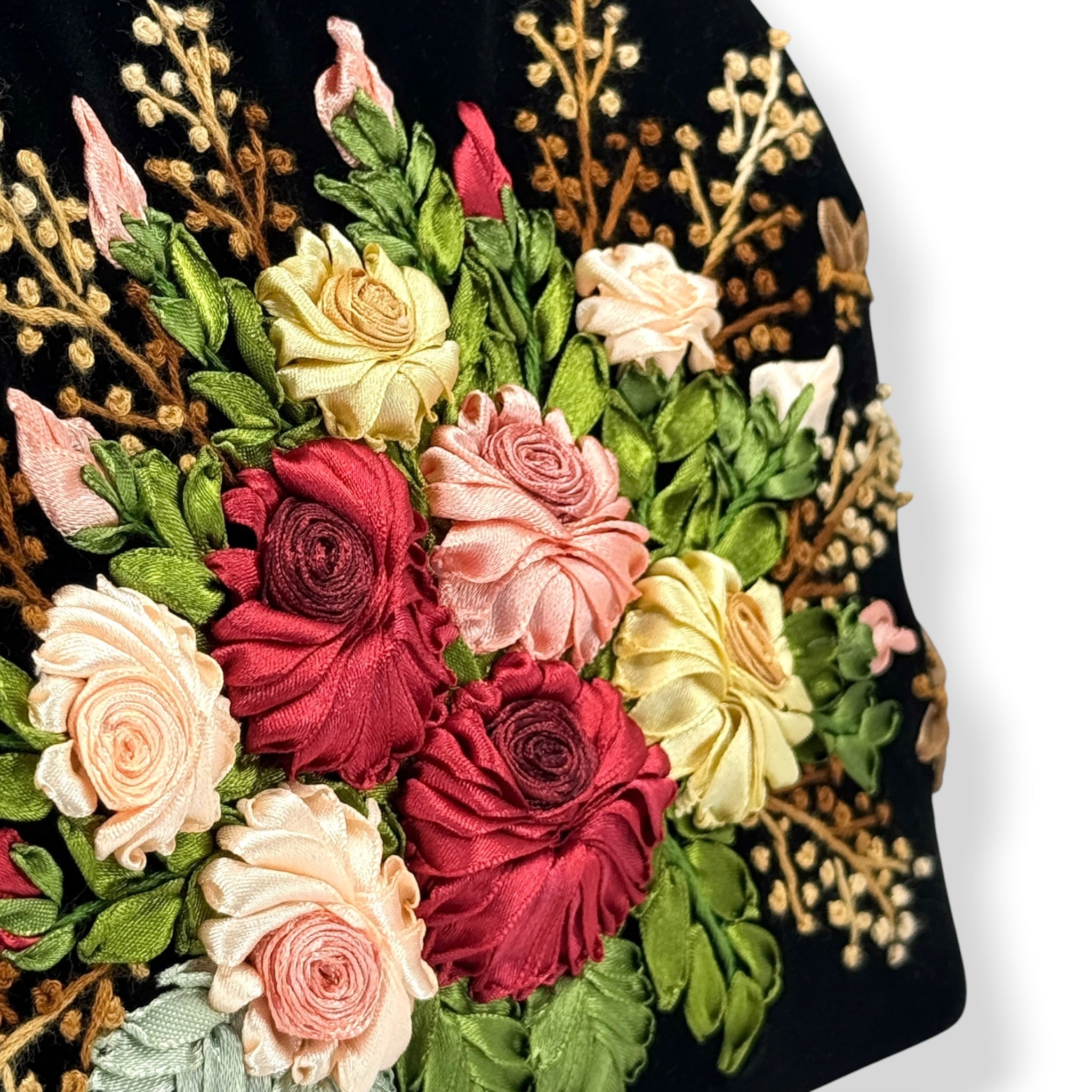Ruby Roses Bouquet Velvet Ribbon Embroidery Clutch Bag