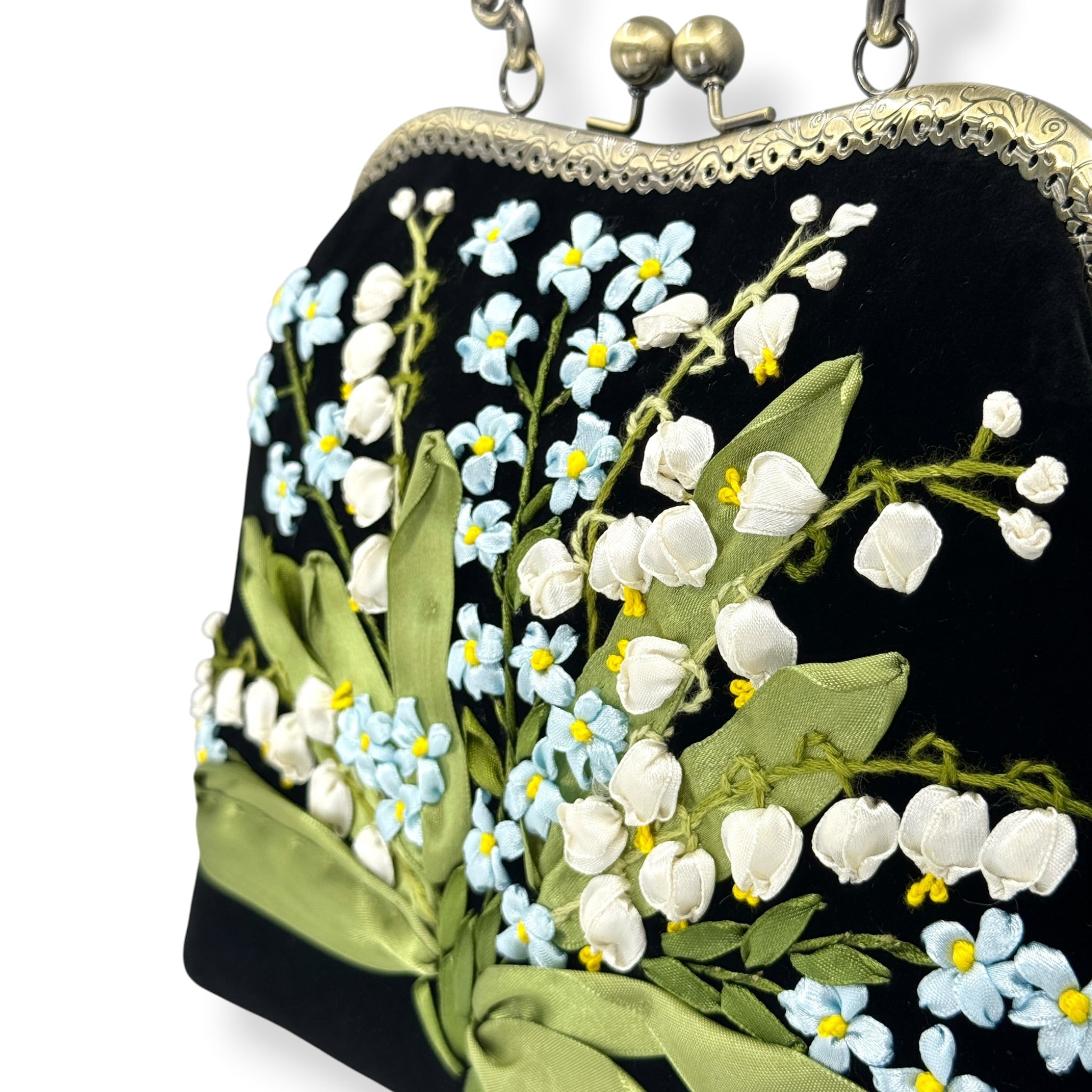 Forget Me Not Ribbon Embroidery Clutch Velvet Bag