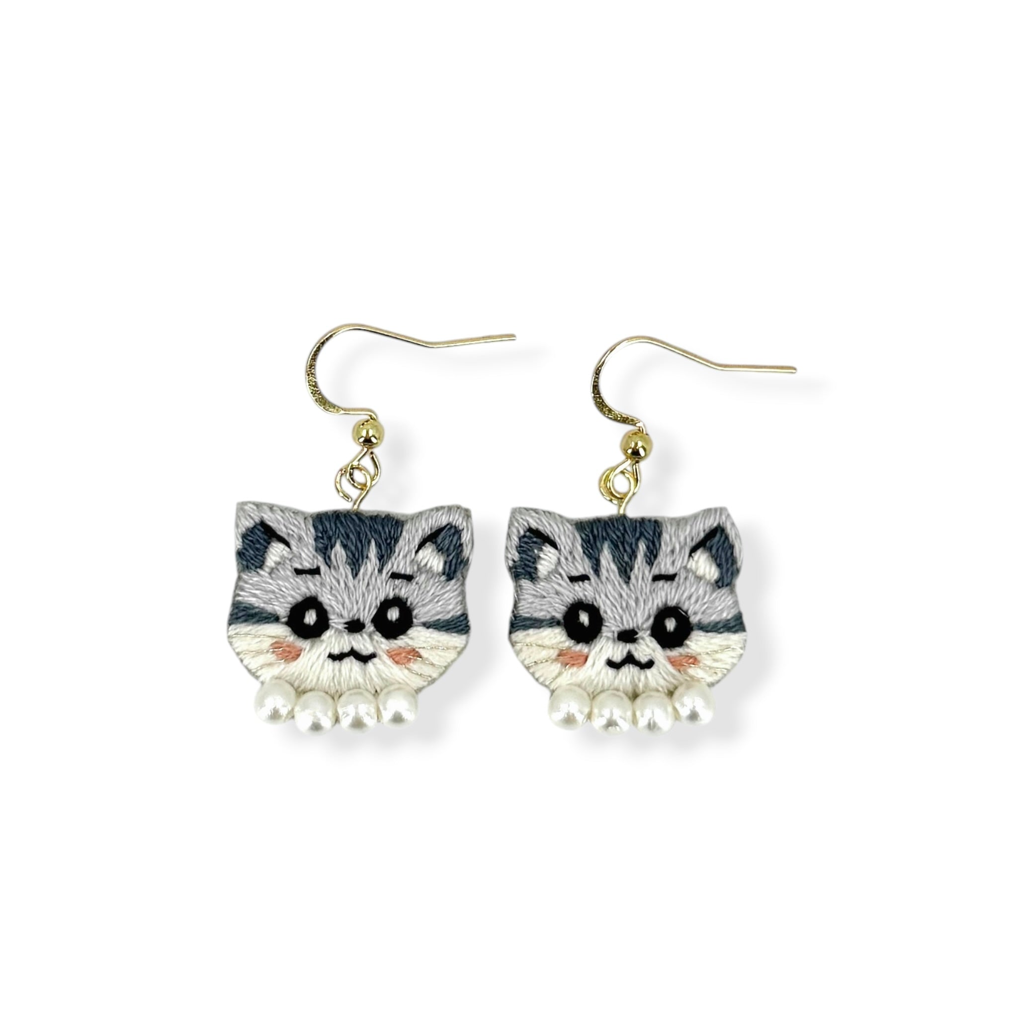 Grey Tabby Cat Hand Embroidered Earrings