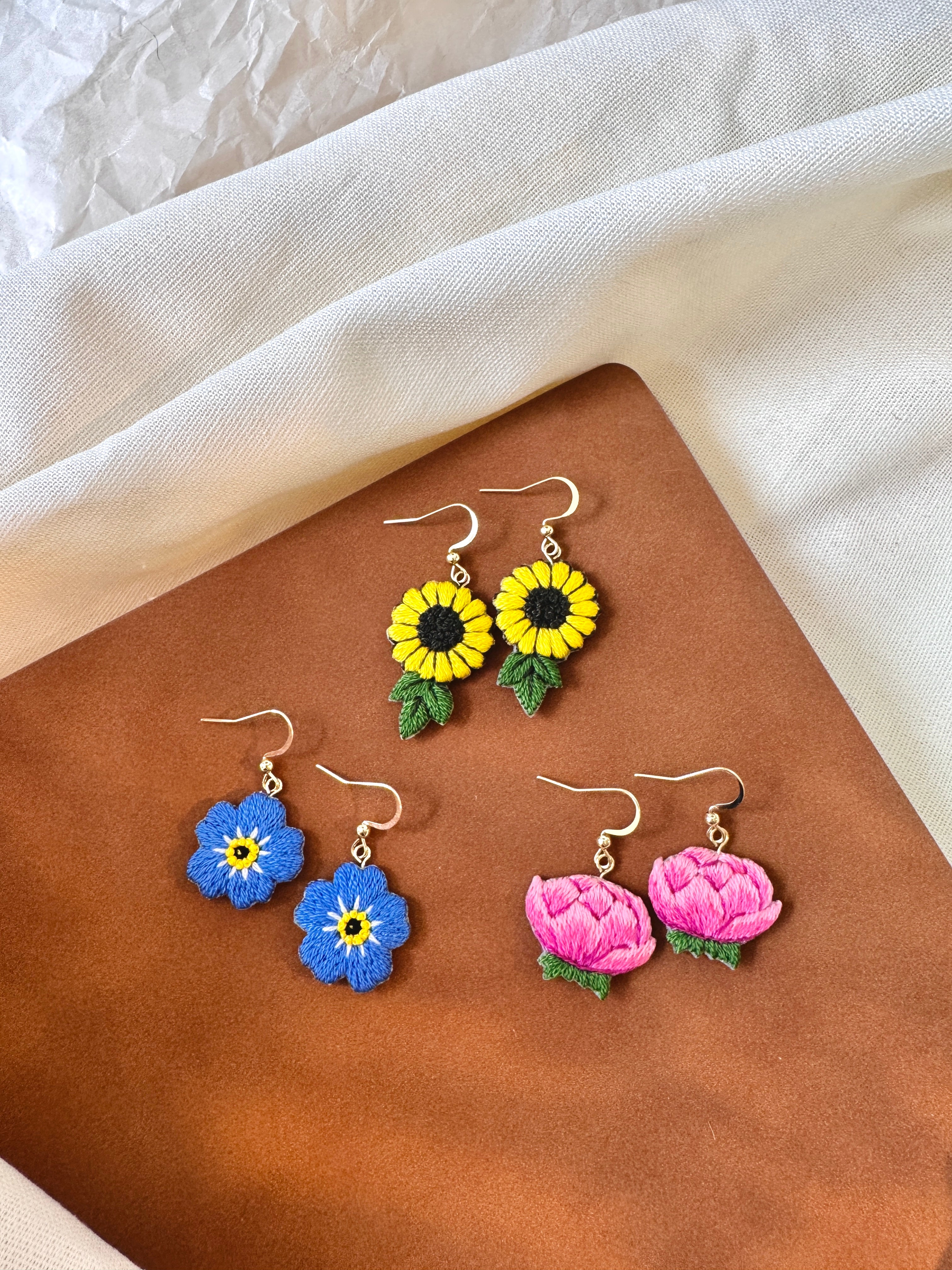 Forget Me Not Hand Embroidered Earrings
