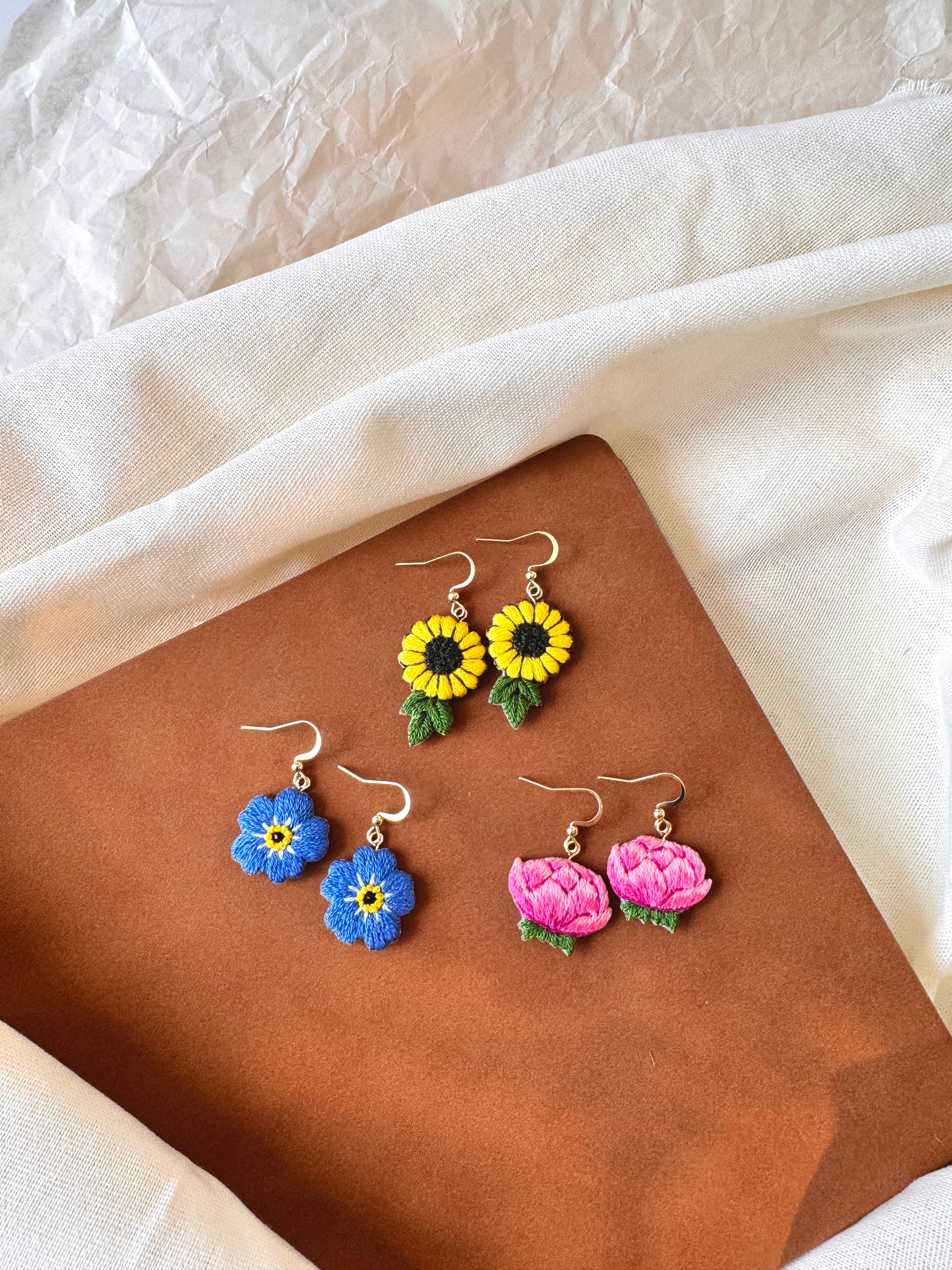 Peony Hand Embroidered Earrings