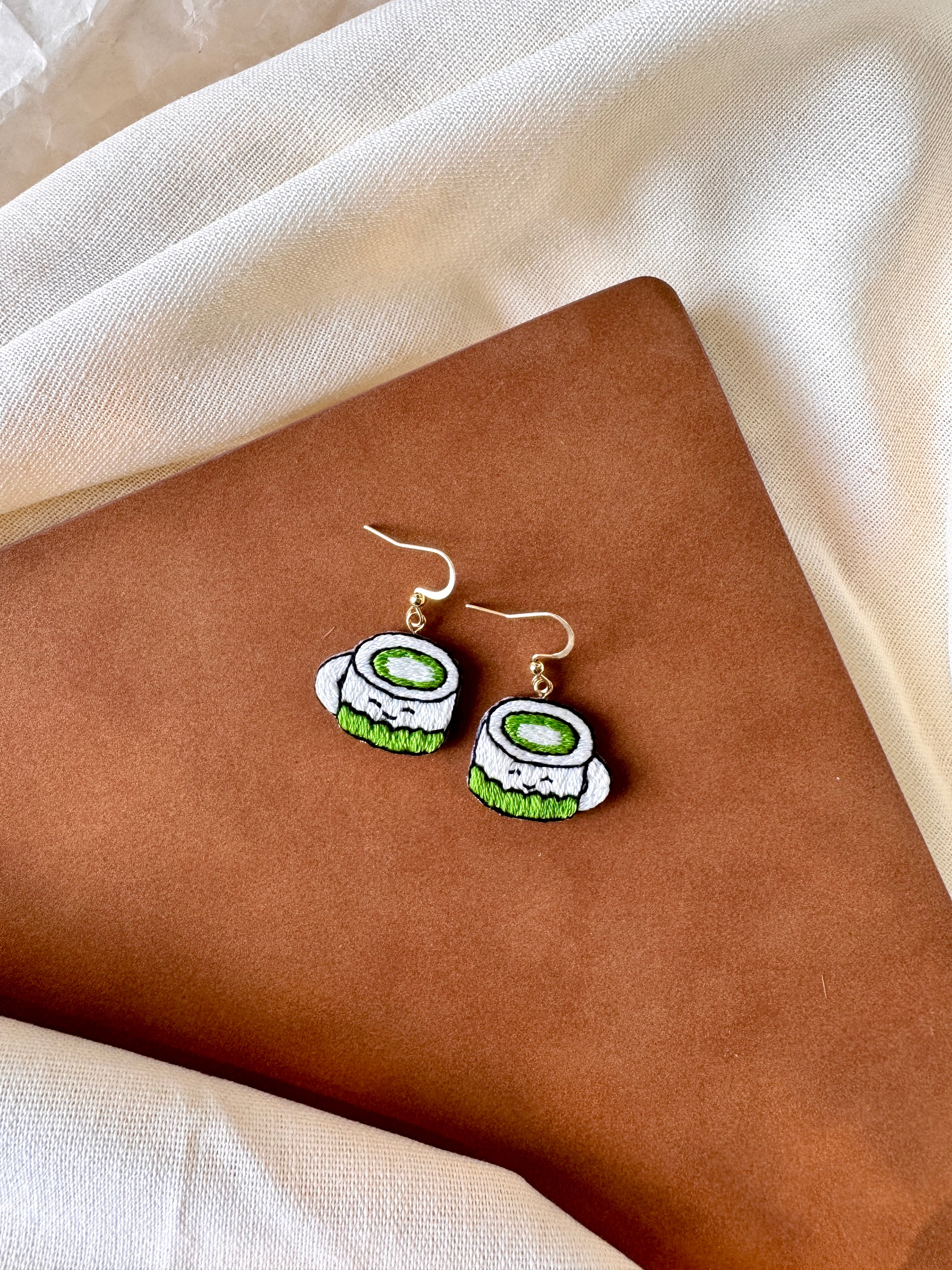Matcha Cup Hand Embroidered Earrings