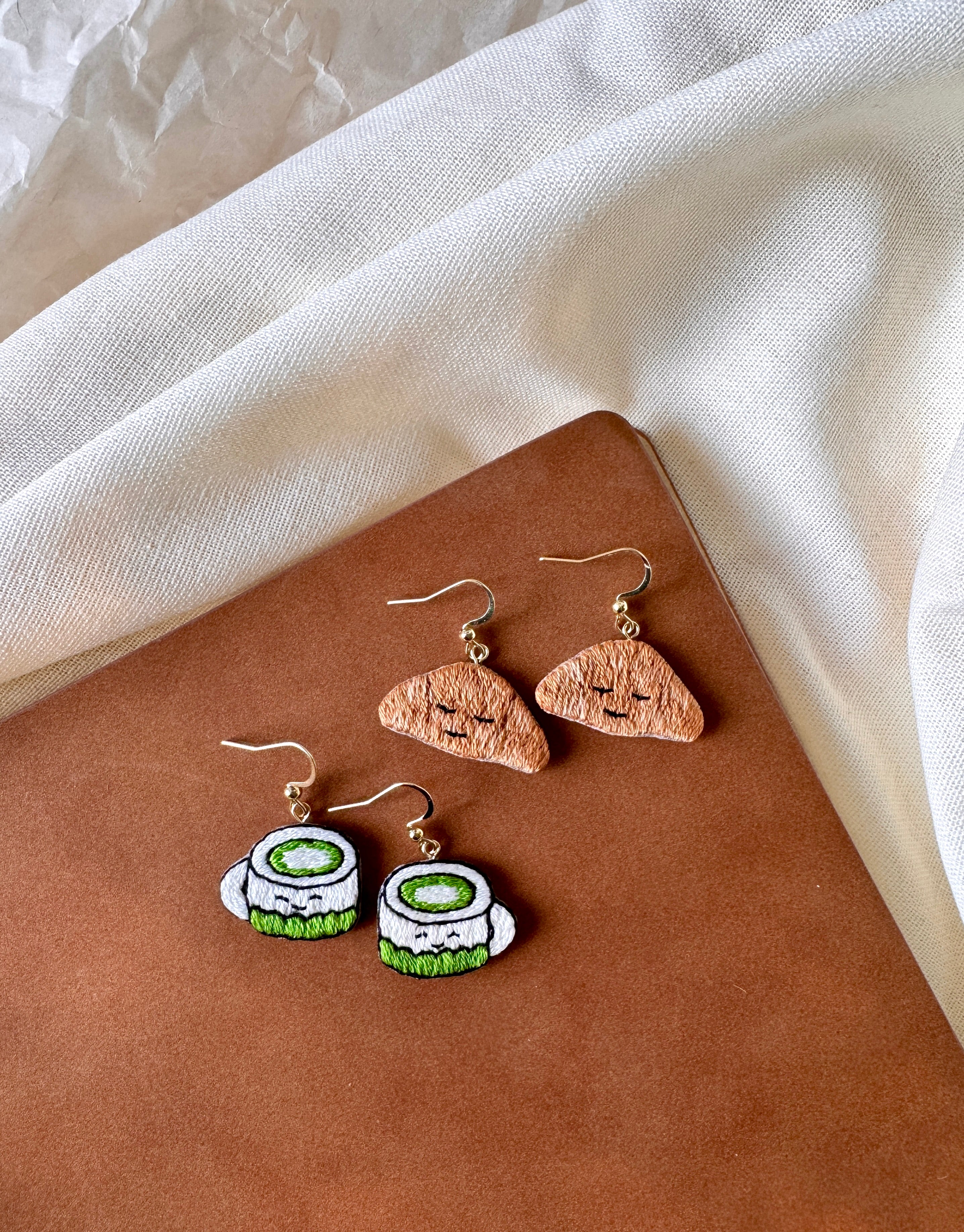 Matcha Cup Hand Embroidered Earrings