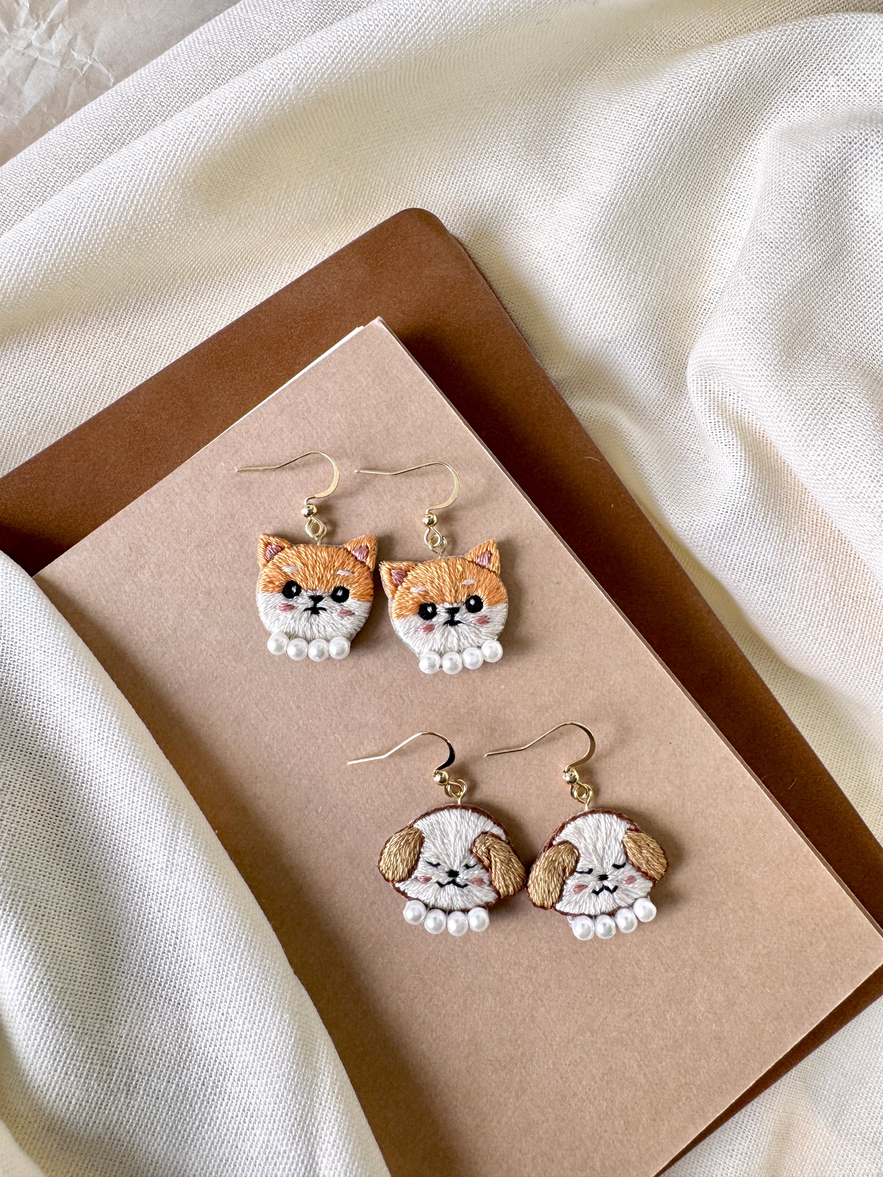 Floppy Ear Puppy Hand Embroidered Earrings