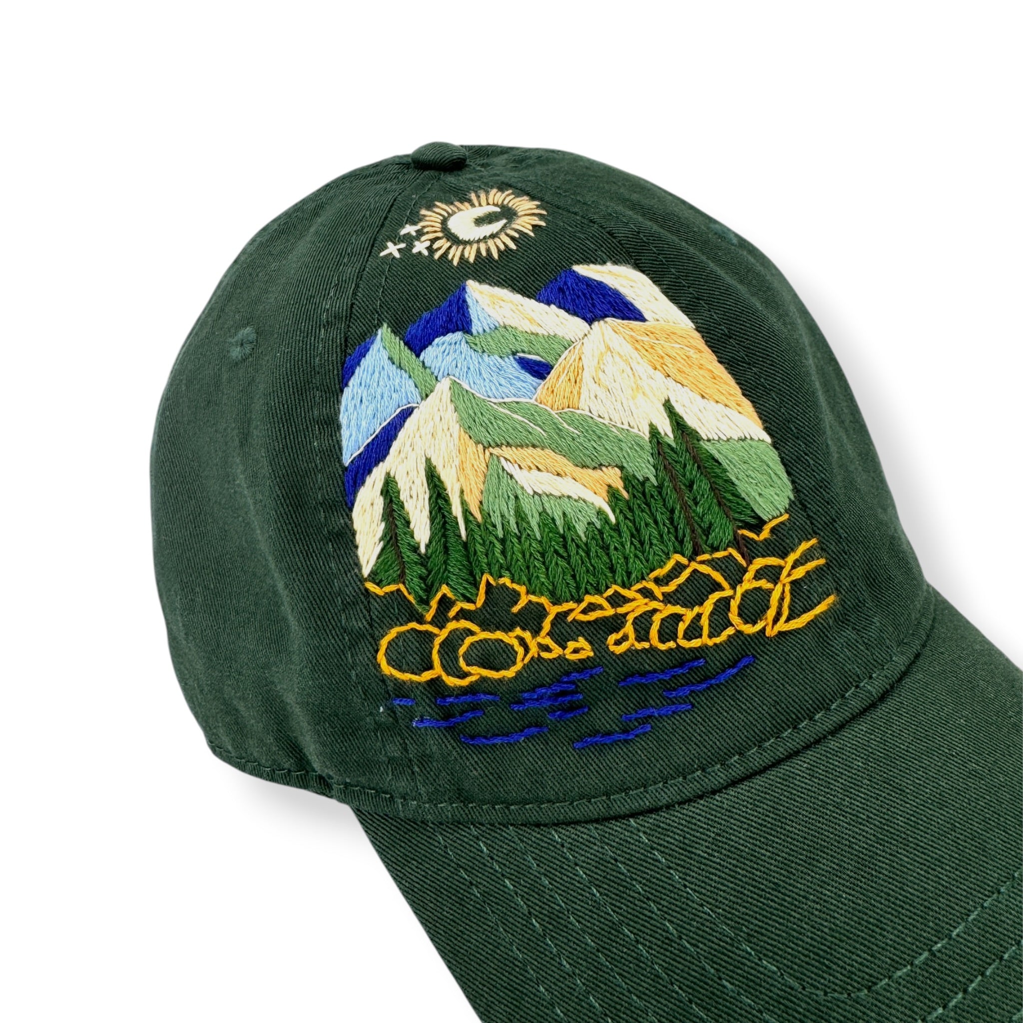 Mountain View Hand Embroidered Green Hat