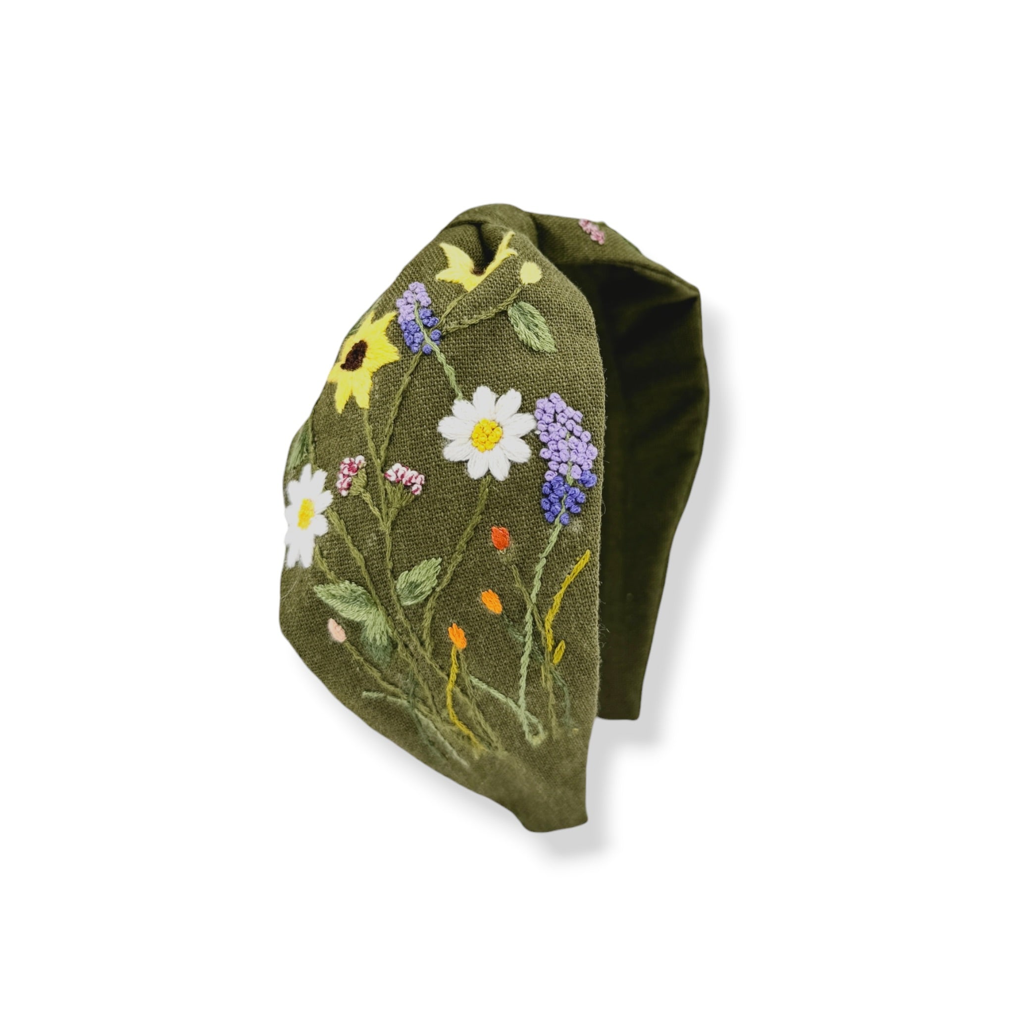 Olive Green Daisy Embroidered Headband