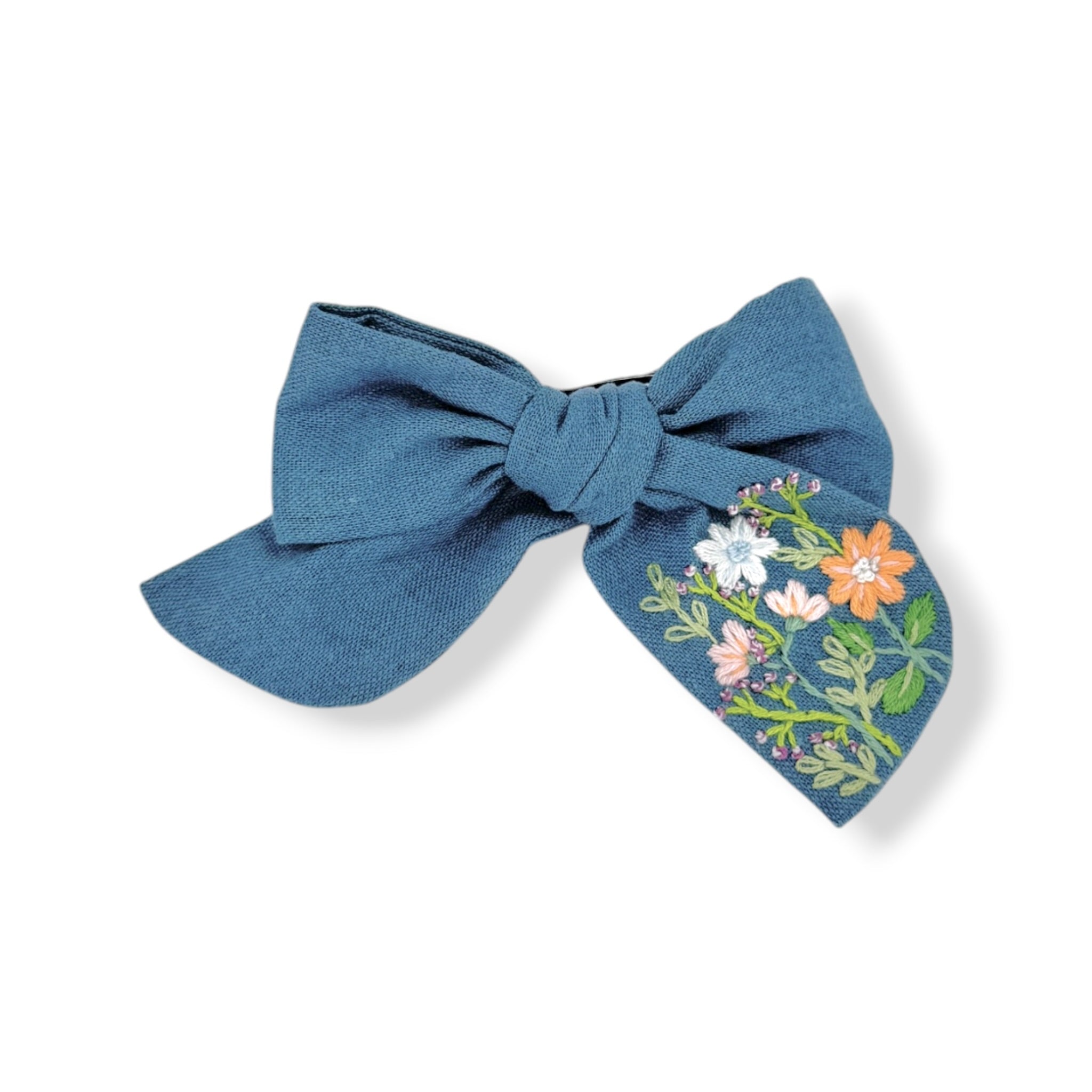 Ocean Sunset Hand-Embroidered Blue Bow